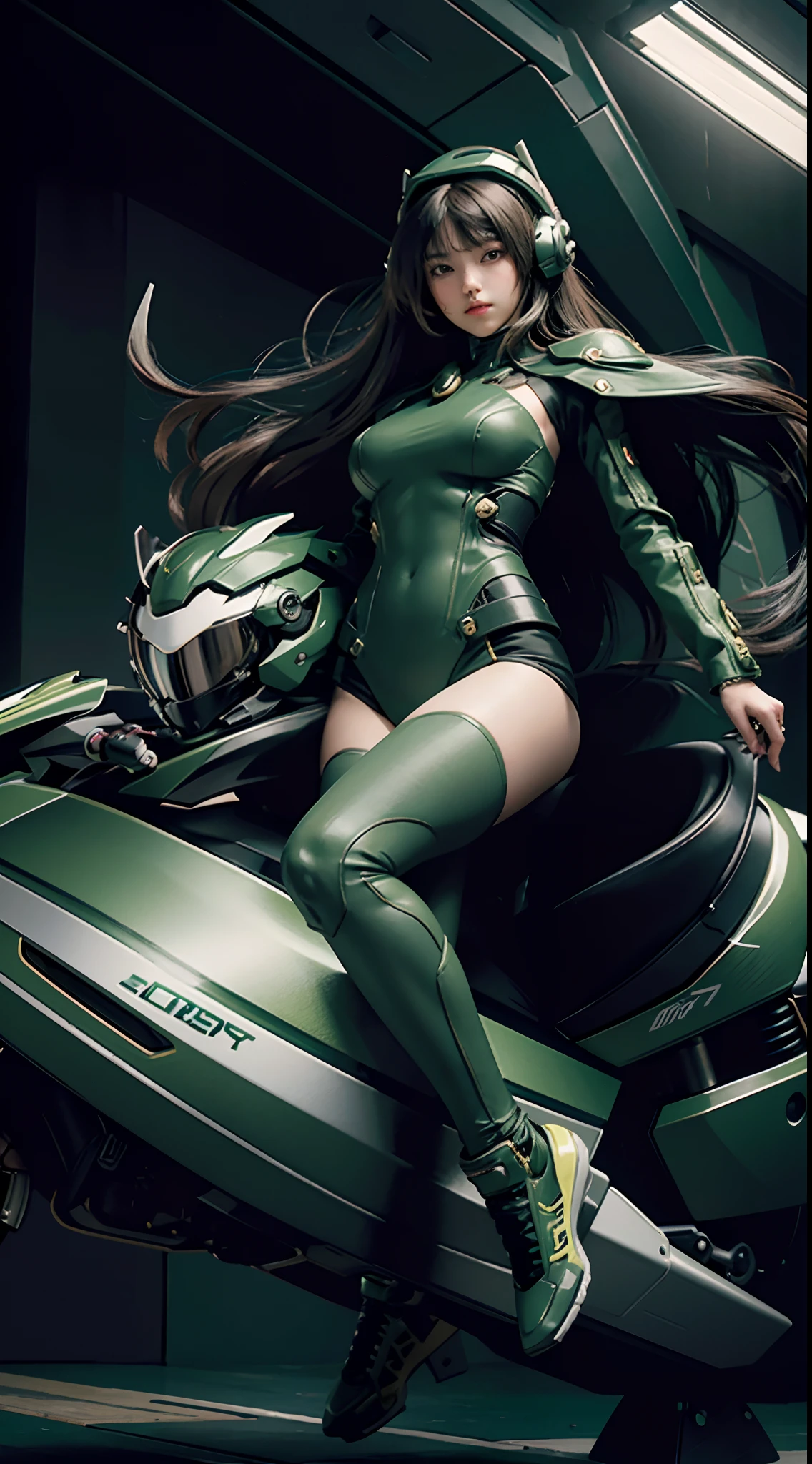 Highest image quality, outstanding details, ultra-high resolution, (realism: 1.4), the best illustration, favor details, highly condensed 1girl, with a delicate and beautiful face, dressed in a black and green mecha, wearing a mecha helmet, holding a directional controller, riding on a motorcycle, the background is a high-tech lighting scene of the future city、Full body 、Chest level kick、Background sky、Young body