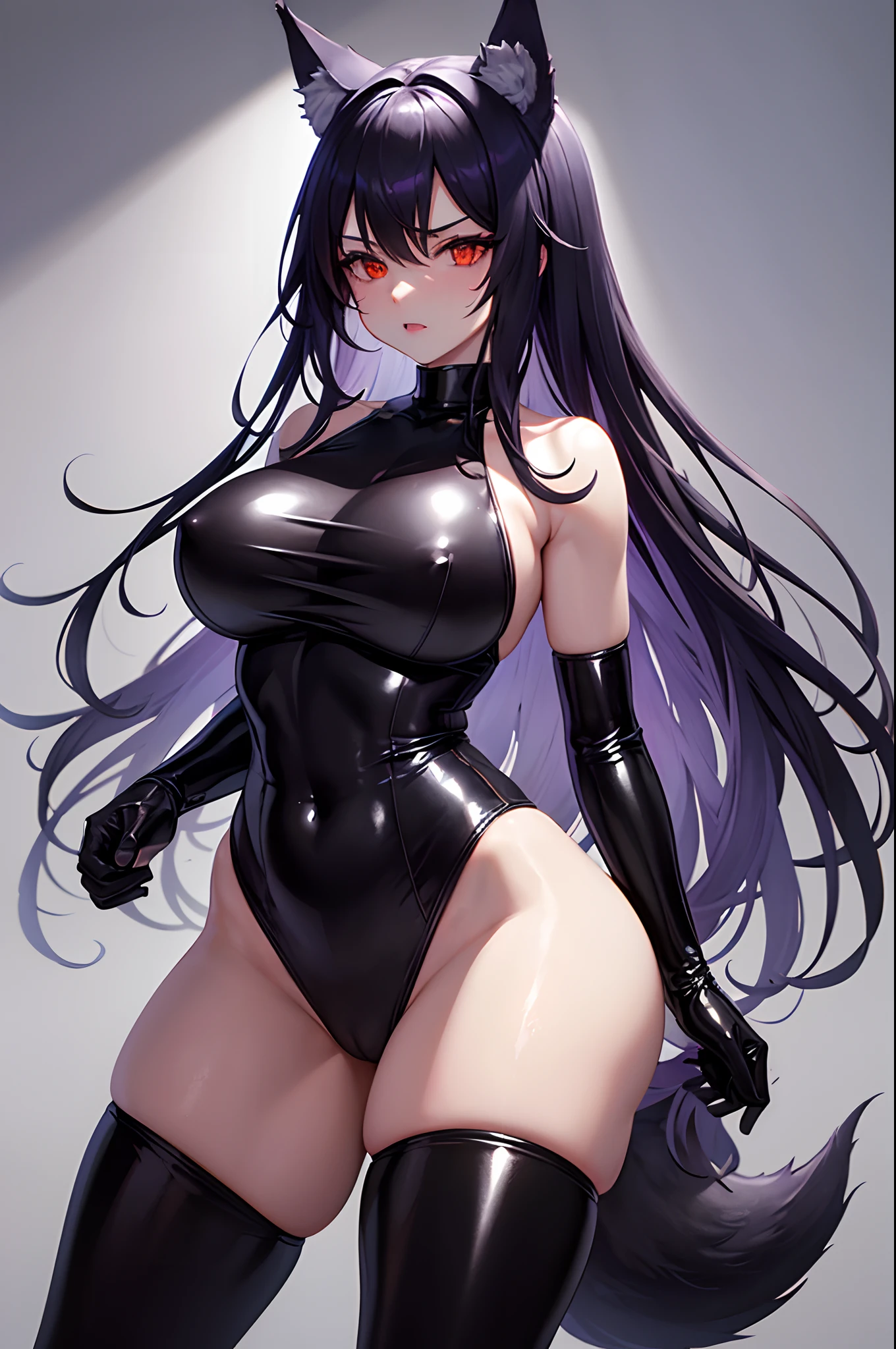one woman, wolf girl, wolf ears, wolf tail, violet hair, strong, firm body, thick thighs, big breasts, muscular arms, casual clothes, sfw, sexy, masterpiece, highly detailed, shiny clothes, tall women, fat, latex leotard, latex, plump, oily body, shiny body, sweating, slimy body, slime fluid, fluid on body, red eyes, lustful, blood rage, full mood, animalistic, powerful, aggressive, on top, alpha wolf,