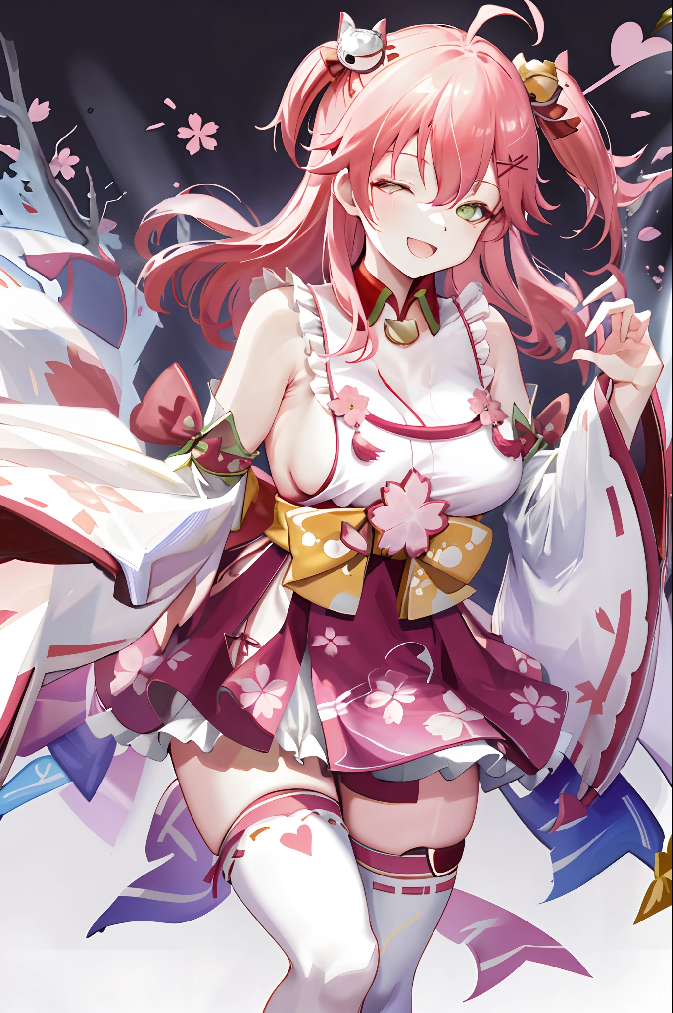 masterpiece, best quality, highres, miko1, sakura_miko, 1girl, green eyes, solo, ahoge, x_hair_ornament, pink_hair, floral print, hairclip, (sideboob:1.4), hair_bell, floral print, long_hair, hair between eyes, one side up, white thighhighs, asymmetrical legwear, wide sleeves, open_mouth,happy,close_eyes, smile,dynamic_posing,rising_leg,plump,apart_legs,(heart_shaped_hands:1.5),hands_in_front_of_girl,(beautiful_fingers),(palm)