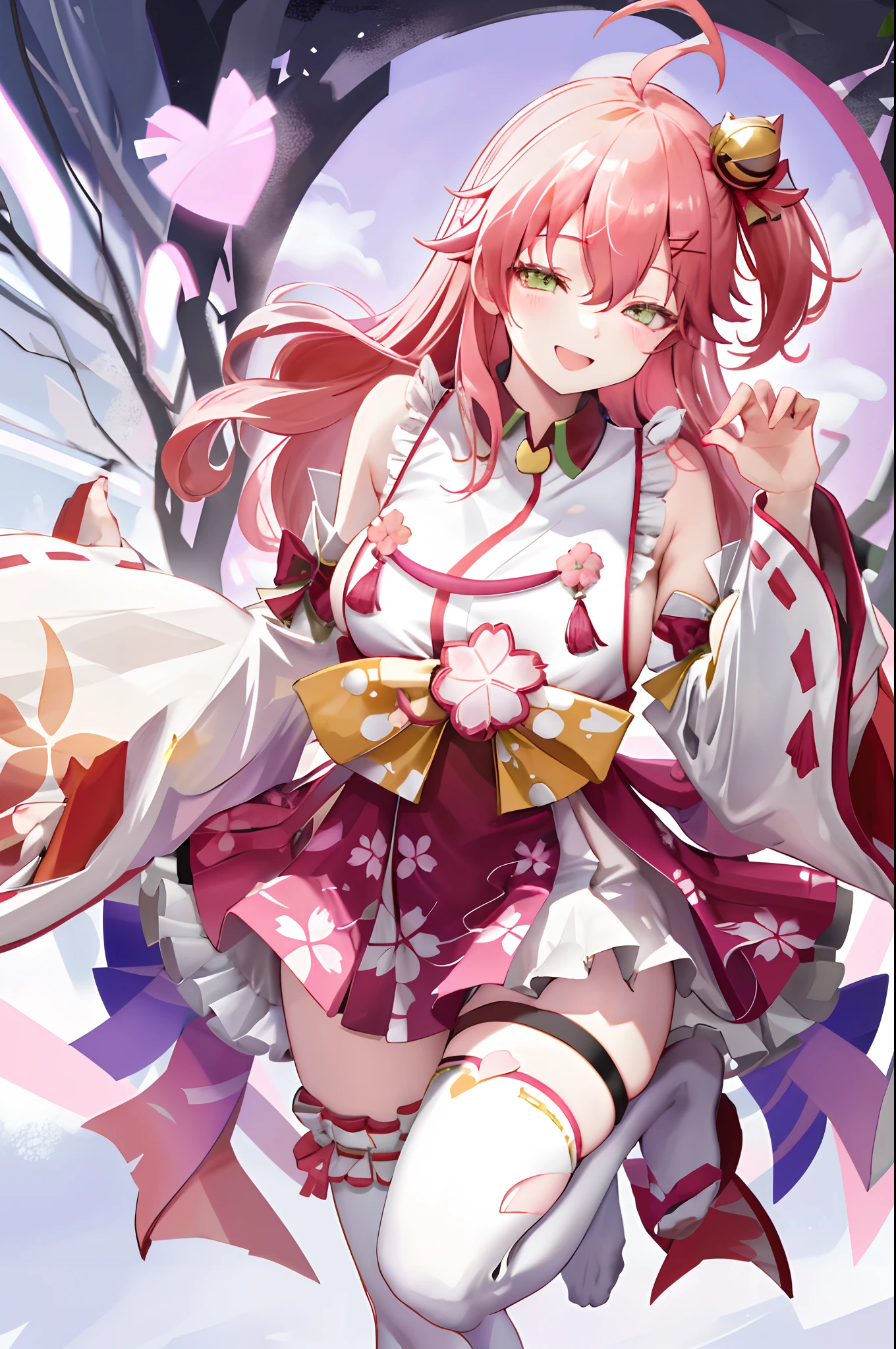 masterpiece, best quality, highres, miko1, sakura_miko, 1girl, green eyes, solo, ahoge, x_hair_ornament, pink_hair, floral print, hairclip, (sideboob:1.4), hair_bell, floral print, long_hair, hair between eyes, one side up, white thighhighs, asymmetrical legwear, wide sleeves, open_mouth,happy,close_eyes, smile,dynamic_posing,rising_leg,plump,apart_legs,(heart_shaped_hands:1.5),hands_in_front_of_girl,(beautiful_fingers),(palm)