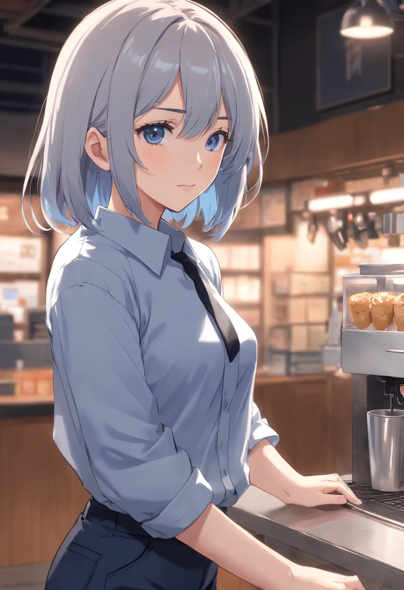huge tit,爆乳,乳溝,undergarments,White background, short detailed hair，[Simple background],Masterpiece, A girl, Composite cloth, arms at sides, [Upright], Virtual YouTuber, [[Blush]], concept-art, Solo, 1girll, Cowboy shot, full bodyesbian, view the viewer,  ,[[Barista]]、,Y-shirt on black background, The black background is thin, trouser,buttoning, Black clothes,,Extremely delicate and beautiful girl, anime screencaps, musculous,20 years old, Short hair,[[Wolf hair]]、 If the bangs are hair between the eyes, Black and silver hair, two tone color hair, Beautiful detailed hair, Beautiful face, deadpan, Clear eyes, Mouth closed、 Delicate hands, Blue eyes, white skinned, The beautiful