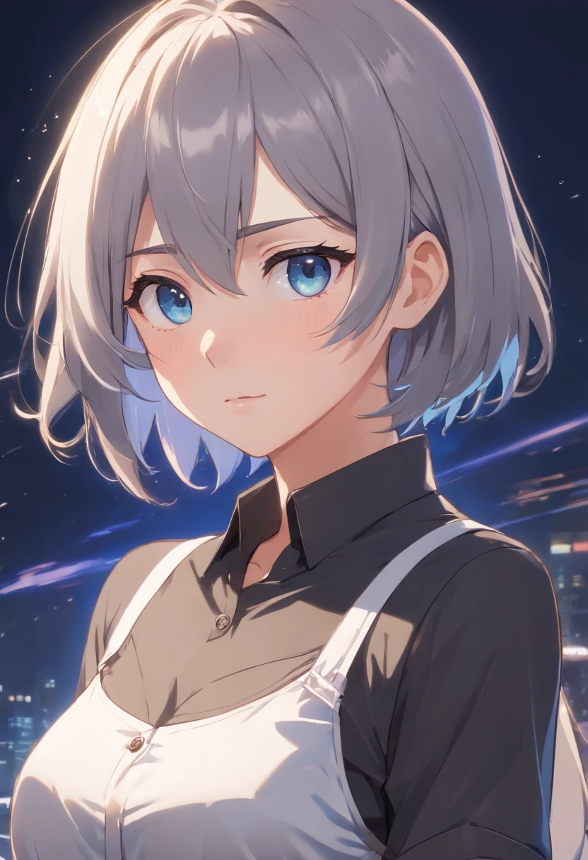 huge tit,爆乳,乳溝,undergarments,White background, short detailed hair，[Simple background],Masterpiece, A girl, Composite cloth, arms at sides, [Upright], Virtual YouTuber, [[Blush]], concept-art, Solo, 1girll, Cowboy shot, full bodyesbian, view the viewer,  ,[[Barista]]、,Y-shirt on black background, The black background is thin, trouser,buttoning, Black clothes,,Extremely delicate and beautiful girl, anime screencaps, musculous,20 years old, Short hair,[[Wolf hair]]、 If the bangs are hair between the eyes, Black and silver hair, two tone color hair, Beautiful detailed hair, Beautiful face, deadpan, Clear eyes, Mouth closed、 Delicate hands, Blue eyes, white skinned, The beautiful