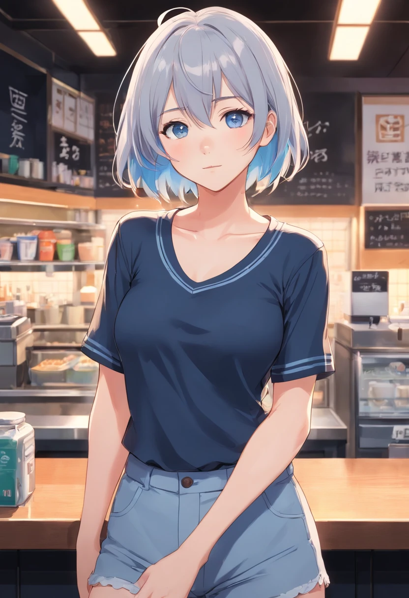 huge tit,爆乳,乳溝,undergarments,White background, short detailed hair，[Simple background],Masterpiece, A girl, Composite cloth, arms at sides, [Upright], Virtual YouTuber, [[Blush]], concept-art, Solo, 1girll, Cowboy shot, full bodyesbian, view the viewer,  ,[[Barista]]、,Y-shirt on black background, The black background is thin, trouser,buttoning, Black clothes,,Extremely delicate and beautiful girl, anime screencaps, musculous,20 years old, Short hair,[[Wolf hair]]、 If the bangs are hair between the eyes, Black and silver hair, two tone color hair, Beautiful detailed hair, Beautiful face, deadpan, Clear eyes, Mouth closed、 Delicate hands, Blue eyes, white skinned, The beautiful