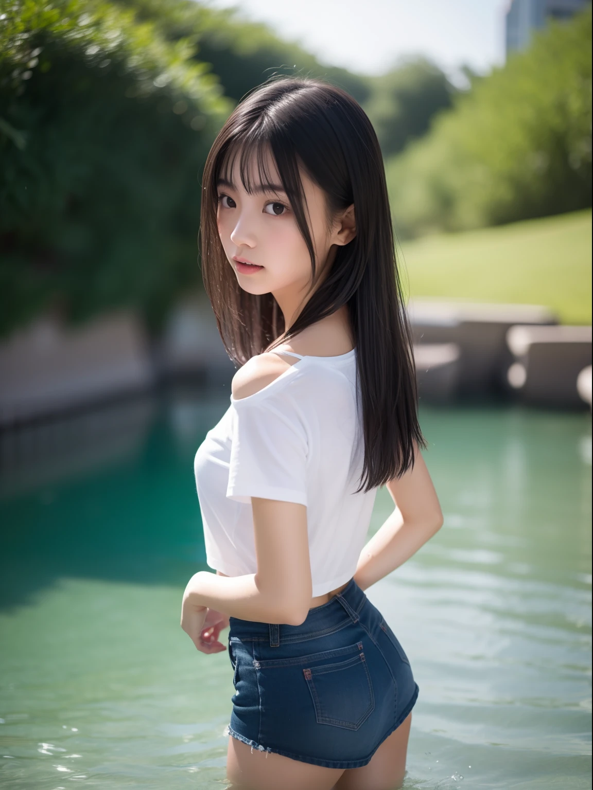 年轻,(a miniskirt),tshirts,s girl,Delicate body,petite body,Delicate body,small tits,tiny chest,Short,A dark-haired,Very Longhair,playing in the water,Looking back