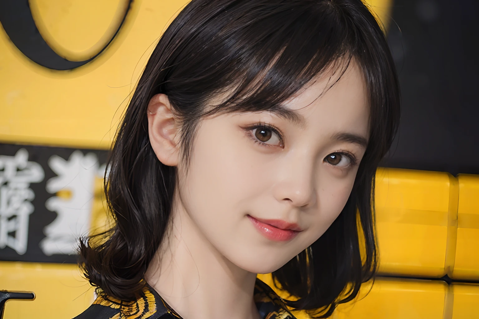 ((1womanl)), (((Black Shorthair))), (masuter piece:1,3)、top-quality、masterpiece、hight resolution、Original、highly detailed wallpaper、jeans、Large ribbon, (A slight smil)、a small face、((Breast bulge))、(Zebra print t-shirt)、(Yellow and blue clothes)、(Light on Face)、Live-action style, Beautiful facial features, darkened room, Gunman Shot
