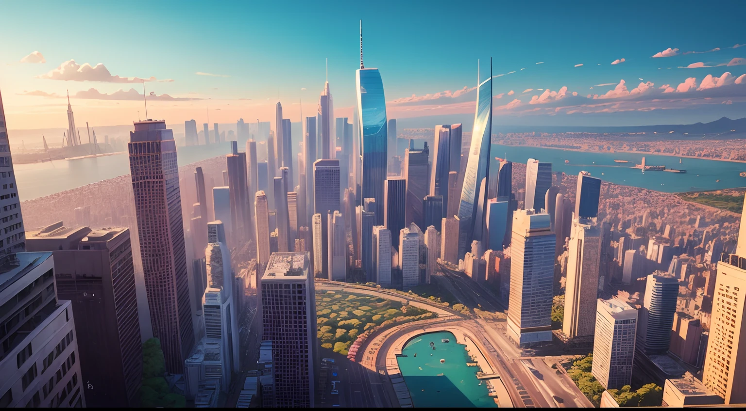 (best quality:1.0), a vibrant cityscape of a big city with varied environments, comix style, bright,