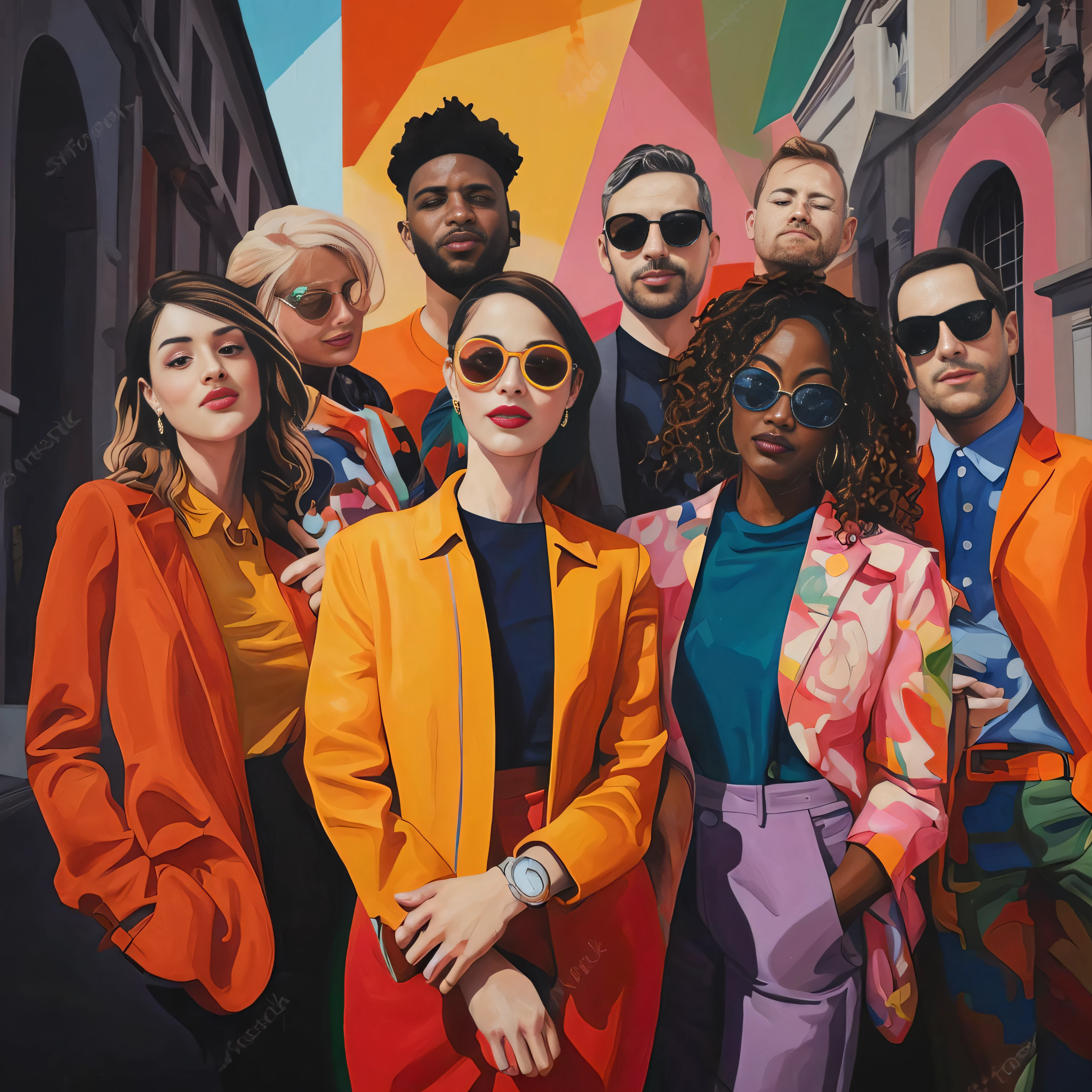 a painting of a group of people in front of a building, colorful crowd, in illustration style digital, muito colorido, cheio de cor, Festival de Cores Ricas, roupas coloridas, cores vivas, rich coloration, por Mads Mountain, cheio de cores, roupas coloridas, extremely high quality artwork, Bela pintura de amigos, De cor brilhante, cores vibrantes hiper realismo