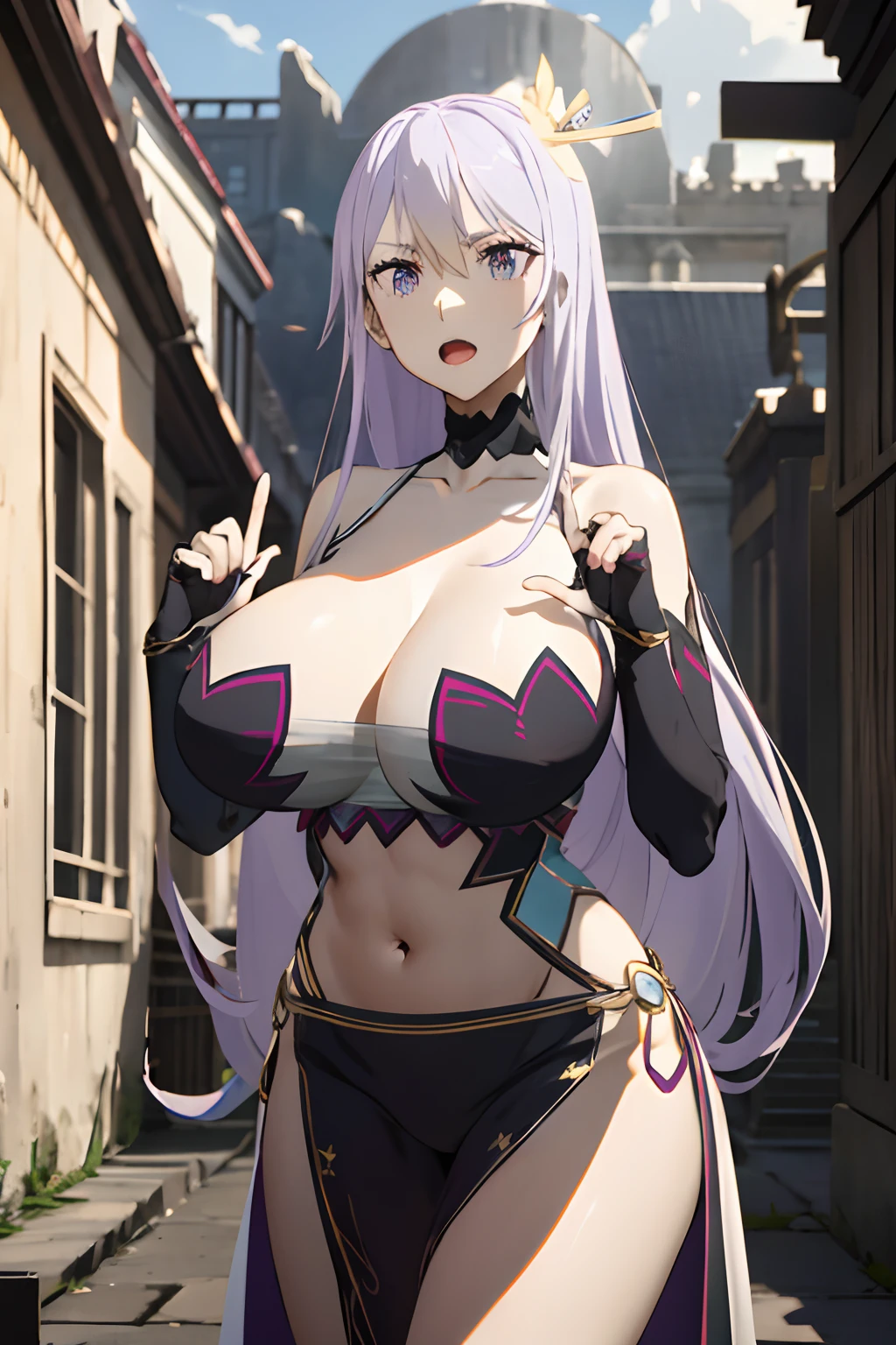 masterpiece, ((royal dressed)), ((wing)), halo, (best quality), (solo), 1girl, reona, silver hair, purple hair , (long skirt), long hair, purple eyes, sexy woman, hair between eyes, hair ornament, vibrant colors , natural lighting, RTX, (huge tits), (detailed face:1.2), (perfect eyes:1.1) ,(photorealistic:1.1), 8k uhd, looking a viewer, outdoors, simple backround, standing pose, ((open legs), temple ruins, cleavage, detailed eyes, perfect finger, 5 finger, open mouth