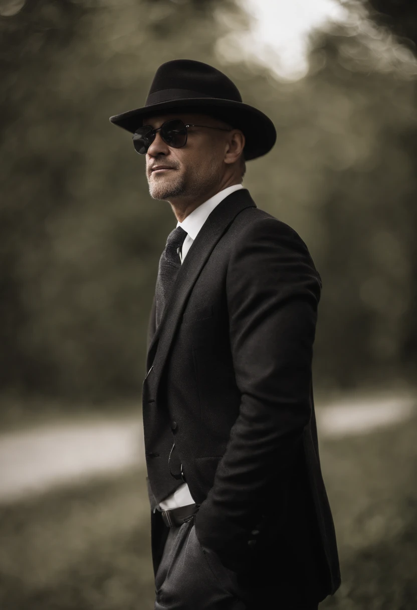 black andwhite，Man in a suit，Hat