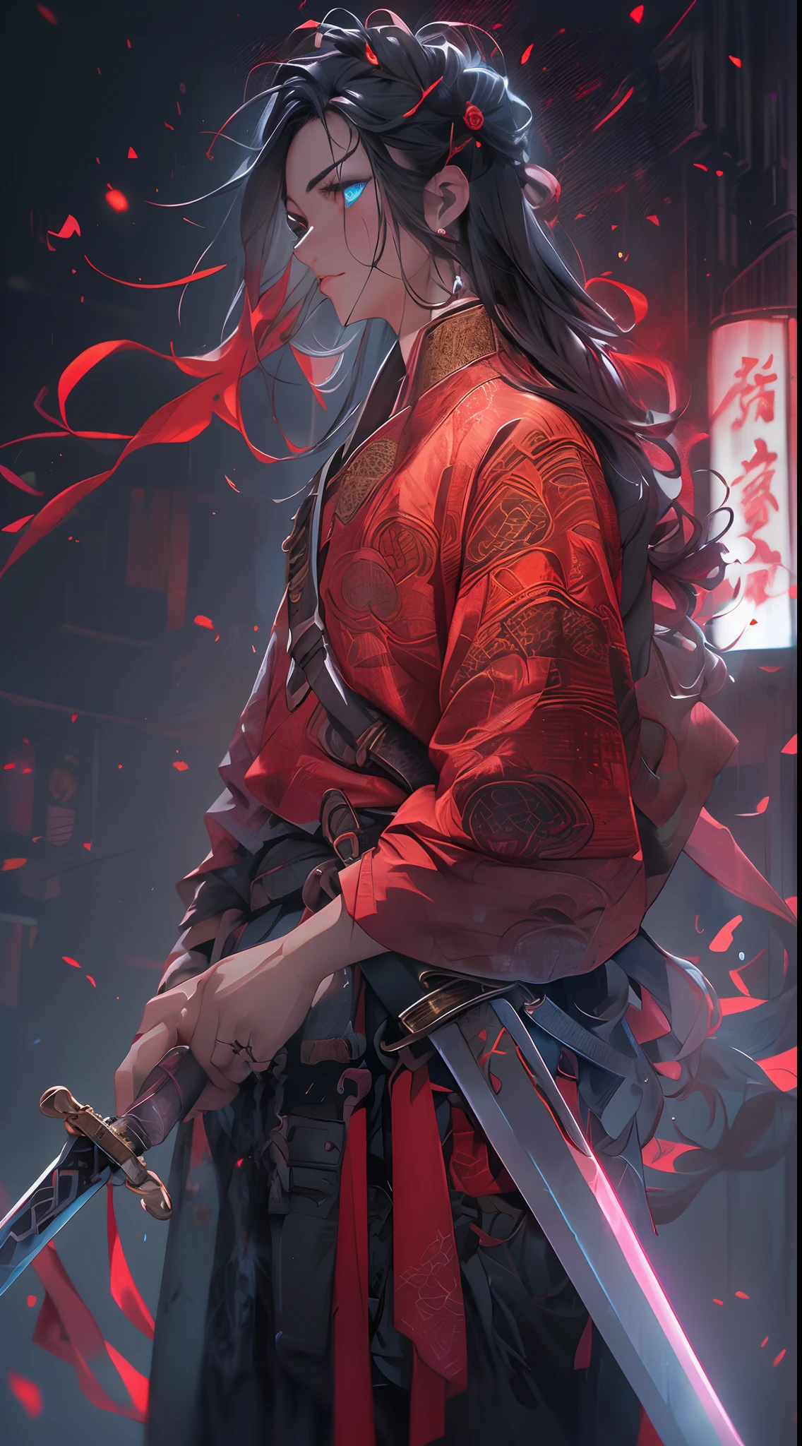 (1 Handsome Man)、thick and muscular body、muscular male、traditional Chinese clothing、(Top image quality)、(8K picture quality)、(cyberpunked)、(masutepiece)、 (Flickering of light)、(carry a sword)、cinematric light, Cinema Shadow, Sharp Image, Extremely detailed, Volumetric, Bright sprites、particles effect, beautiful effects, Vivid colors, neons, Neon light, Highly detailed image textures, detailed hairs, Detailed eyes, city、Dark hair、Eyes glow、(Red aura emanating from clothes:1.5)、