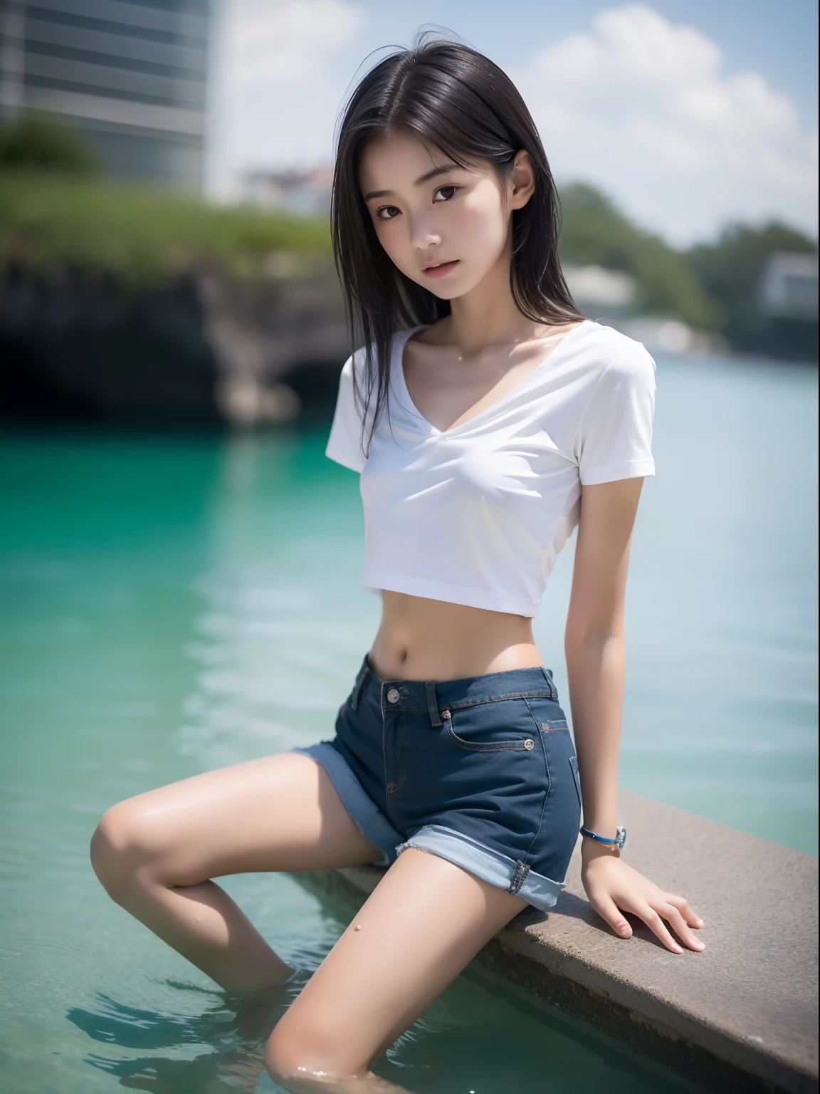 A girl, kneeling on the beach after school with a small dog by her side, (visible all over the body), away from the audience.
She is a beautiful, pretty, cute, cute, young, teenager.
She is slender, slender, petite, thin, fair-skinned,
She was sweaty, wet, and drenched. The clothes are transparent, there is sweat on the skin, and the hair is wet.
She grinned and smiled. She looks natural, relaxed and unpretentious.
Scheming face. Make faces. (sticking out his tongue), telling a secret, hiding a secret, shyness, excitement.
She stared at the audience.
She wears a black ponytail.
Camera focused on her face, light shining on her face, very large aperture, ((f/1.2)), shallow depth of field, strong blur in background lens, ISO 3000, auto white balance,
Extremely detailed, professional lighting, soft light, original photos, Uniqlo fashion models,
best quality, masterpiece, award-winning photography, huge file size, 8k, high resolution,
Shot on a Sony DSLR.