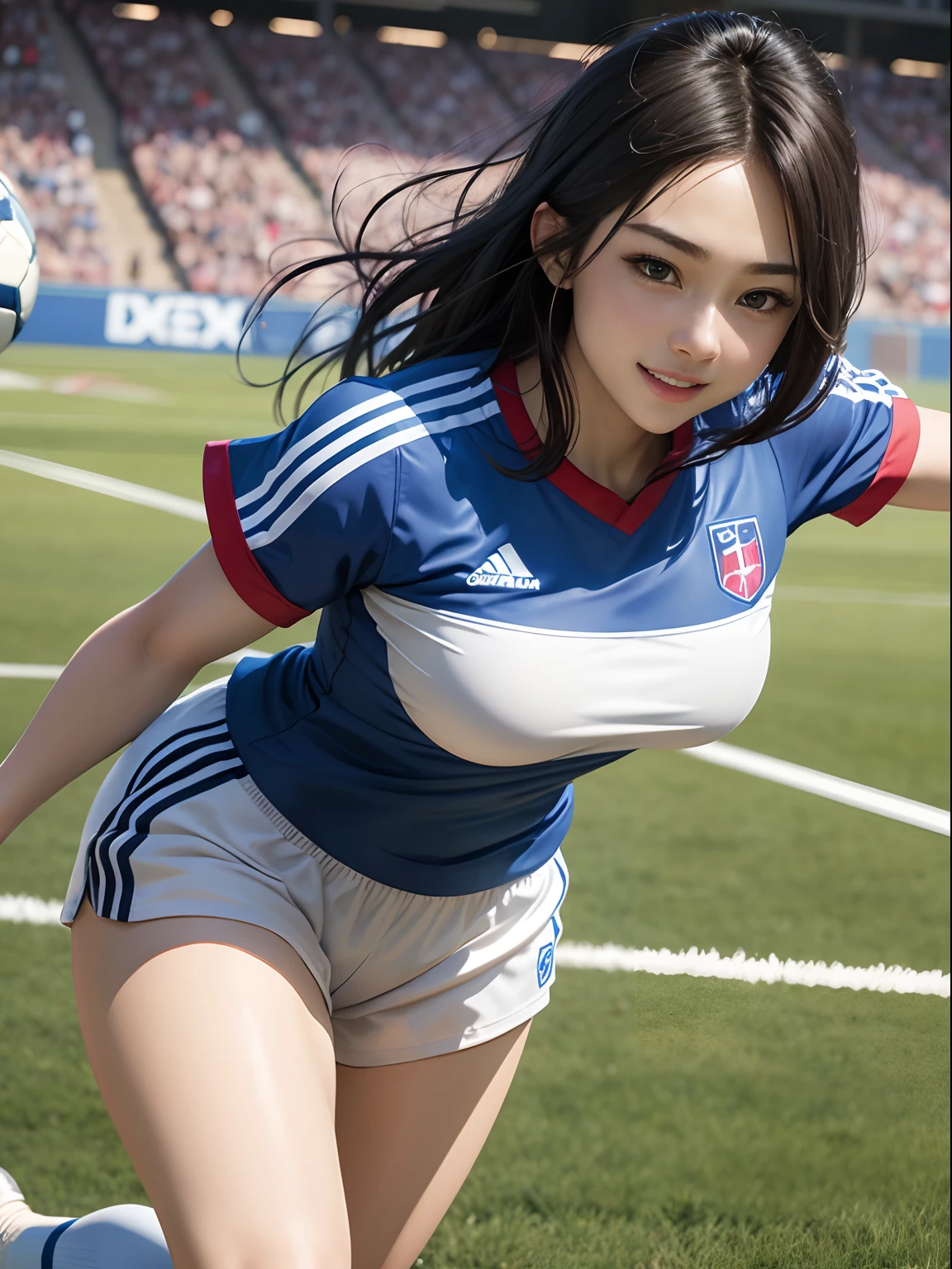 Una chica con tetas grandes jugando al futbol desnuda