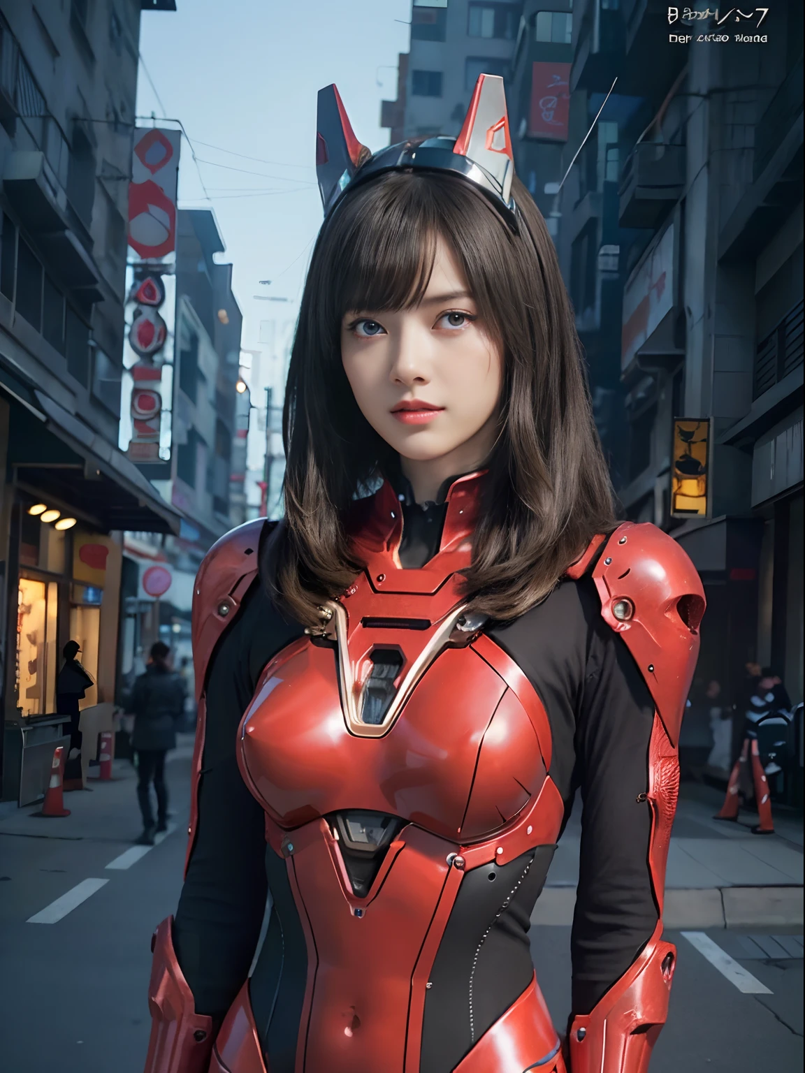 (Fight against mechanical robot soldiers)、top-quality、masterpiece、超A high resolution、(Futuristic machine gun、holding knive),(Wearing a futuristic hat)、(Photorealsitic:1.4)、Raw photo、女の子1人、Black hair、glowy skin、((1 Mechanical Girl))、((super realistic details))、portlate、(Small LED lamp)、Wire tubes that glow all over the body、(With state-of-the-art weapons),globalillumination、Shadow、octan render、8K、Armpit、ultrasharp、Colossal tits、Small LED lamp、Raw skin is exposed in cleavage、metals、blood vessels connected to tubes、With weapons、Red bodysuit、Armpit、Cyberpunk city background、Details of complex ornaments、Japan details、highly intricate detail、Realistic light、CGSoation Trends、Blue eyes、radiant eyes、Facing the camera、neon details、(Helmet of the Brave)、Mechanical limbs、blood vessels connected to tubes、Mechanical vertebrae attached to the back、mechanical cervical attaching to neck、Wires and cables connecting to the head、Gundam、Small LED lamp、Toostock、Toostock、Futuristic machine gun、Knives、(Red Metallic Bodysuit),