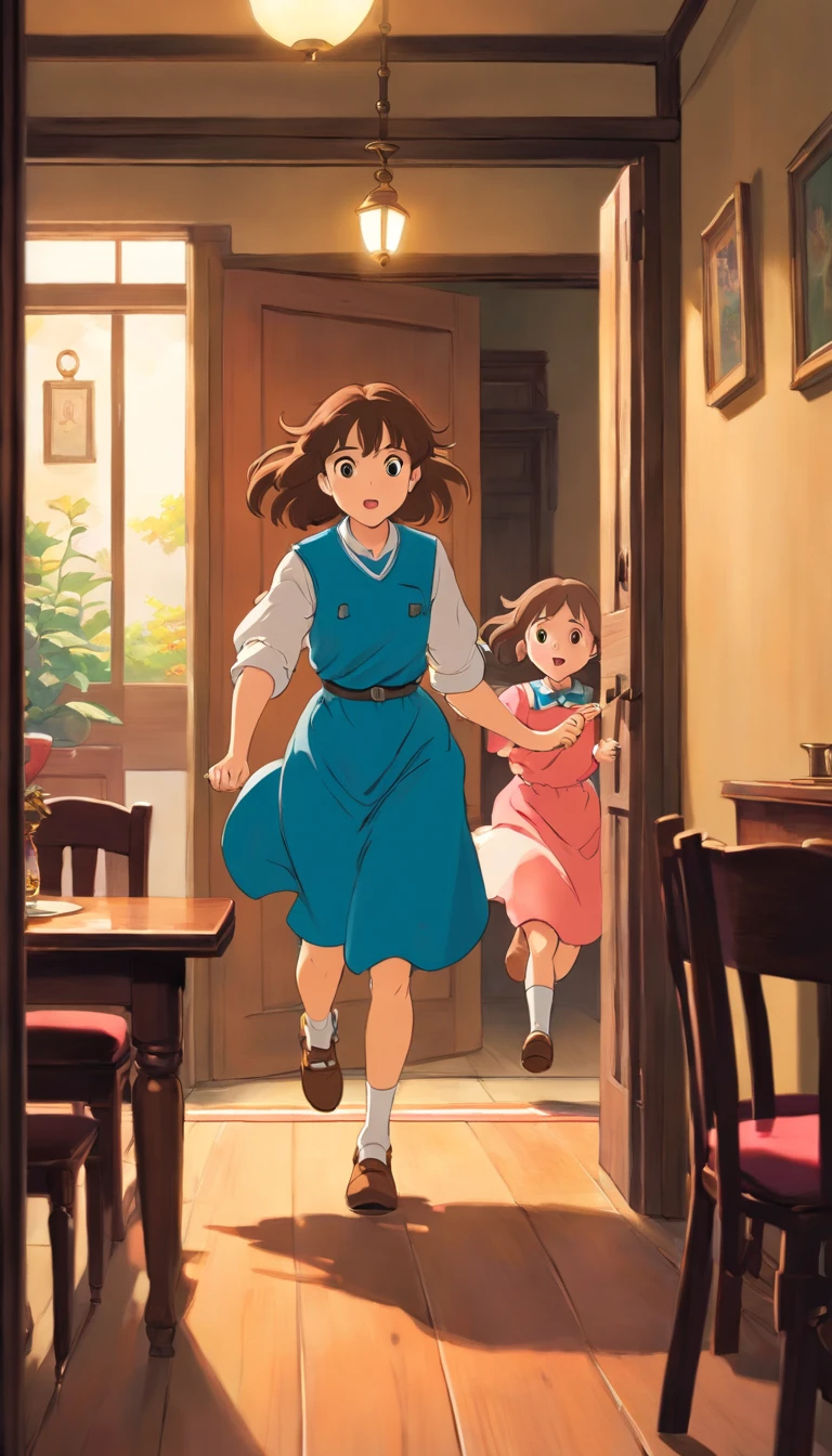 A girl who had a brown hair,wearing unironed uniform while her mother and father who had a brown hair are in the dining table,as the girl rushes out to the door of a house.