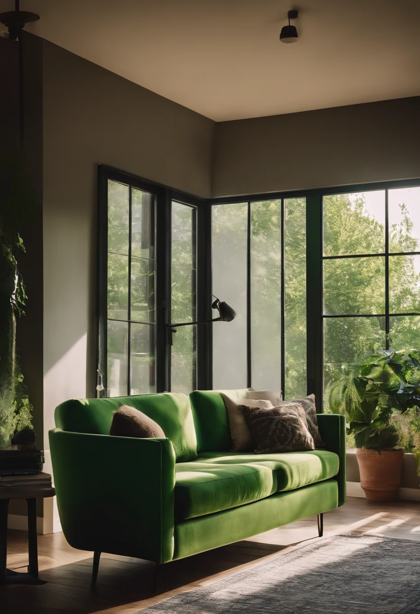 a green couch and rug near a black lamp and book, in the style of multilayered, steel/iron frame construction, sun-soaked colours, neon, sustainable design, quirky pottery, spot metering --ar 2:3