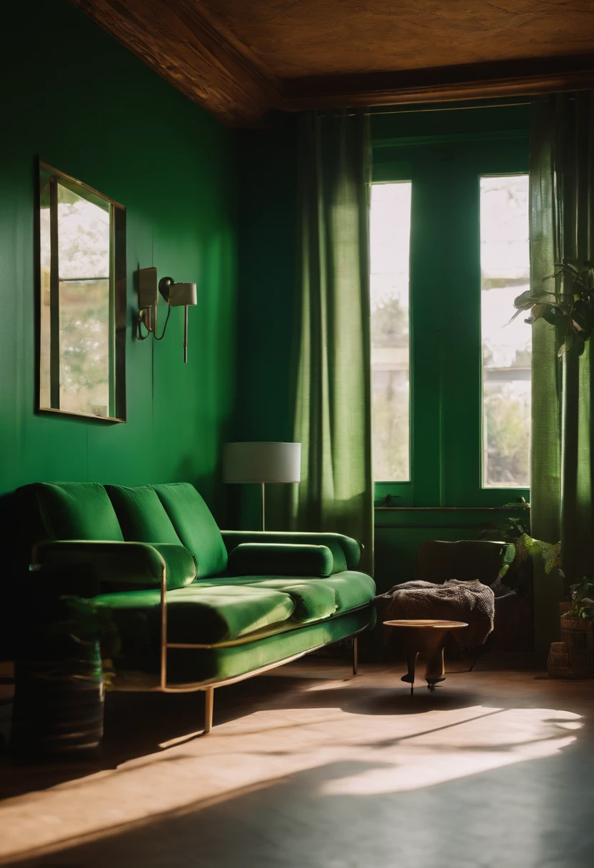 a green couch and rug near a black lamp and book, in the style of multilayered, steel/iron frame construction, sun-soaked colours, neon, sustainable design, quirky pottery, spot metering --ar 2:3