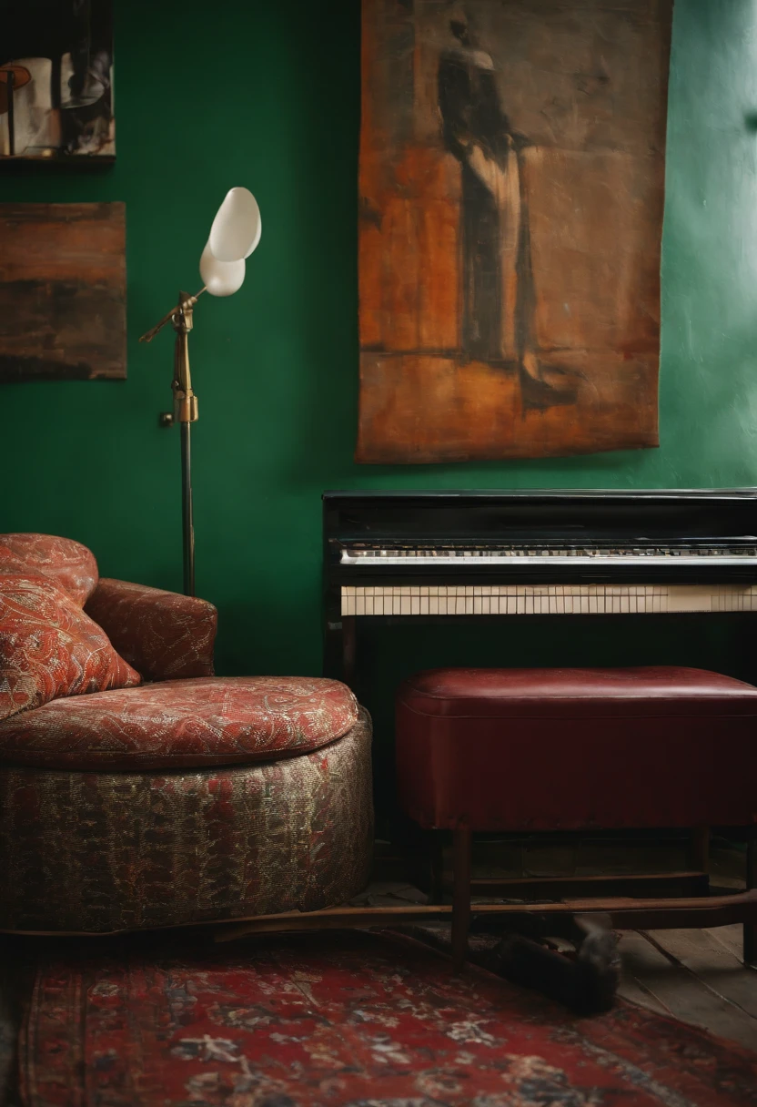 a green couch and rug near a black lamp and book, in the style of multilayered, steel/iron frame construction, sun-soaked colours, neon, sustainable design, quirky pottery, spot metering --ar 2:3