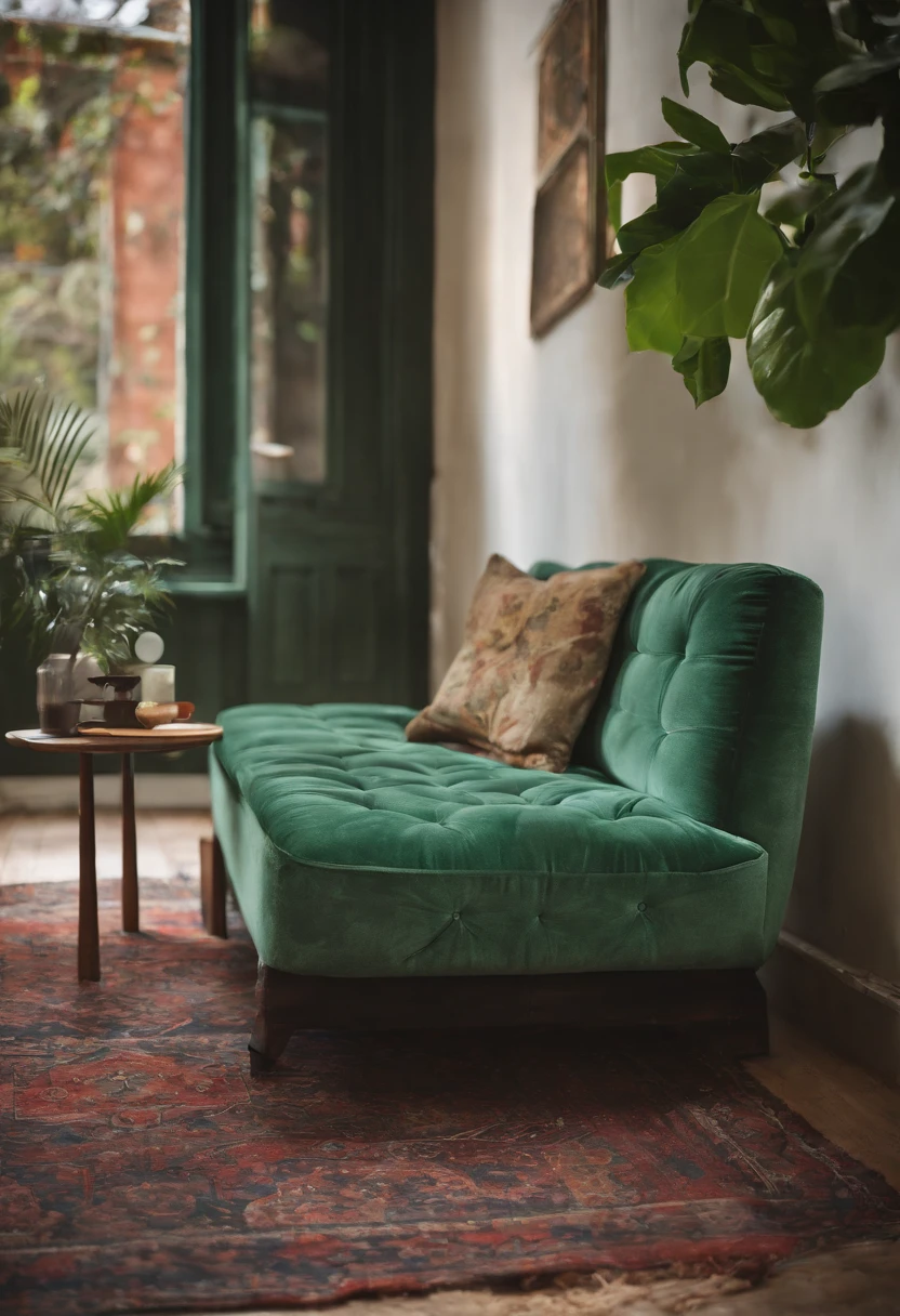 a green couch and rug near a black lamp and book, in the style of multilayered, steel/iron frame construction, sun-soaked colours, neon, sustainable design, quirky pottery, spot metering --ar 2:3