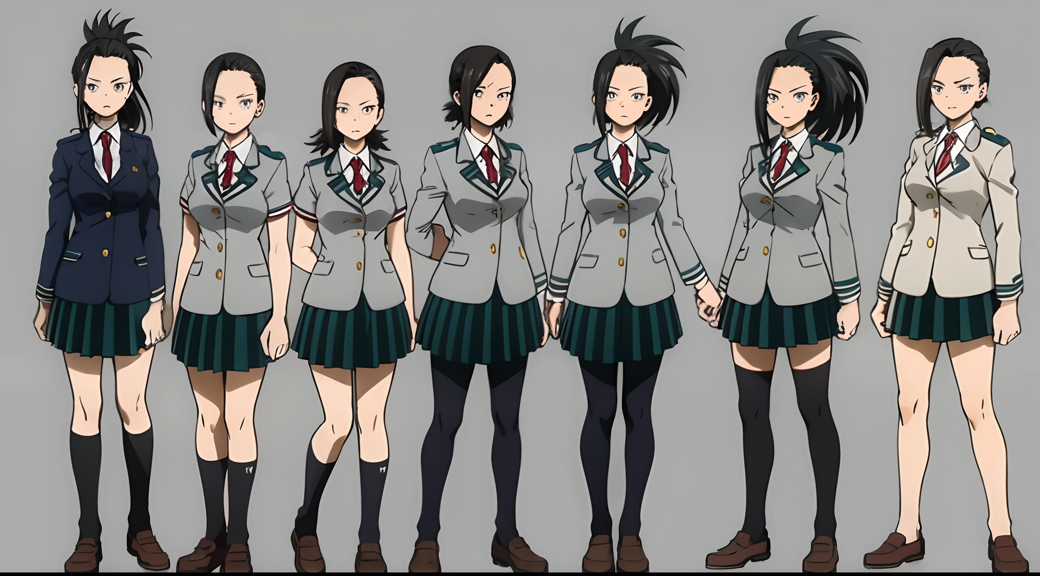 masterpiece, best quality, yaoyorozu momo, multiple girls, sisters, black eyes, black hair,  ponytail, long hair, hair pulled back, full body, hands on hips, standing, short sleeves, crowd, looking at viewer, u.a. school uniform, black socks, blazer, brown loafers, kneehighs, long sleeves, pleated green skirt, red necktie, school uniform, shirt, simple background, matching outfits