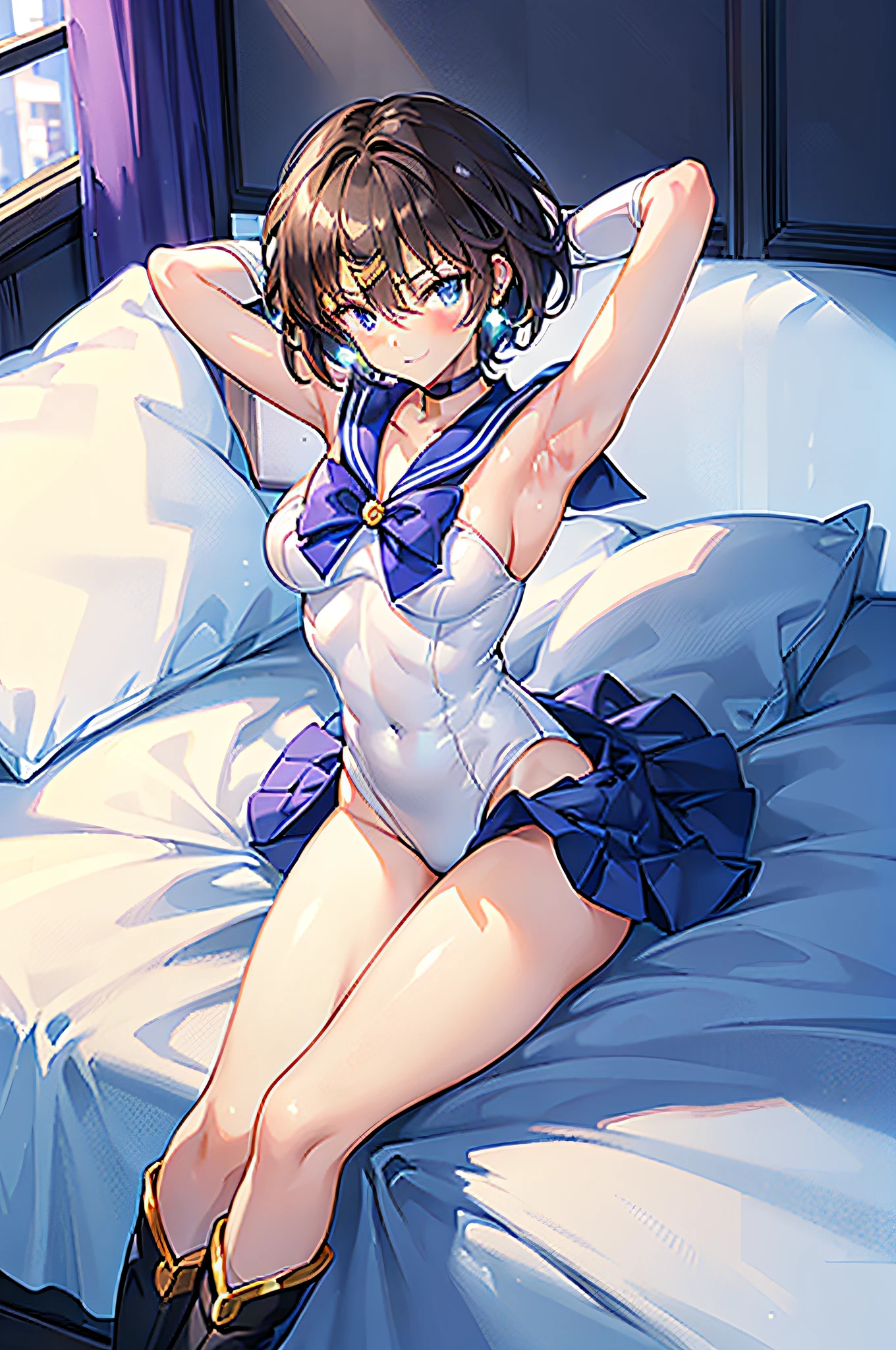 masterpiece, top-quality, hight resolution, 8K, Hi-Res, ultra-detailliert, 1girl in, (Anatomically correct), Full limbs, complete fingers, Slender 18 year old beautiful active girl, Brown-eyed, Slender eyes, A dark-haired, extra very short hair, (Black skin:1.2), (Sailor Moon: 1.3), (white leotard), (Blue sailor color), the bow, (Over-the-knee boots:1.1), a choker, (white glove), Blue choker, (elbowgloves), (a blue skirt), sole, (Lying in bed), A smile, High school students, Full body like, Bust 86, Waist 58, Hip 88, (full of sweat), (Put your hands behind your head, Show the armpits:1.28), (Tempered body, Toned body, Split abs:1.1), (Sexy Posing)