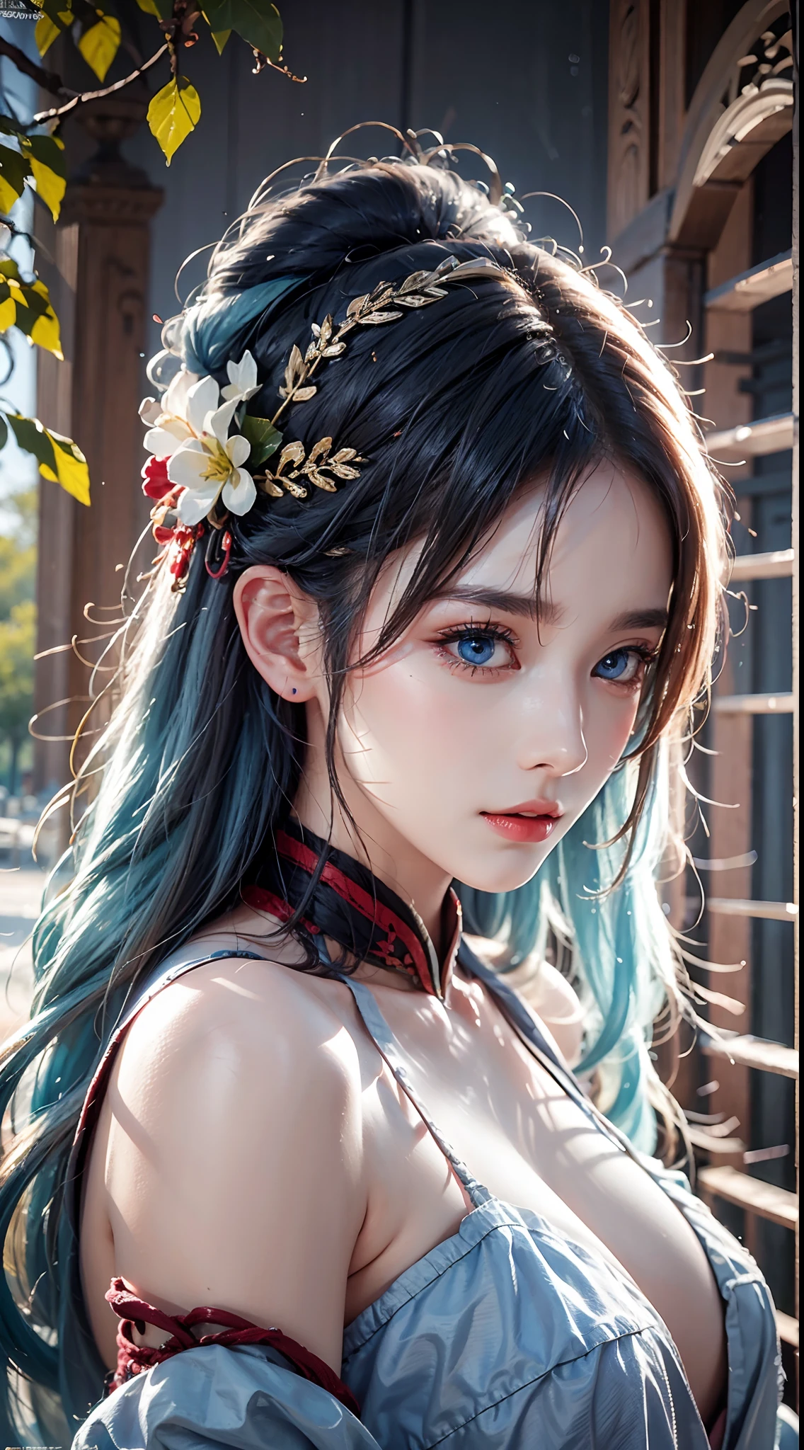 photorealistic, high resolution, masterpiece, blue eyes, blue hair, photorealistic, high resolution, soft light,1women, solo, hanfu