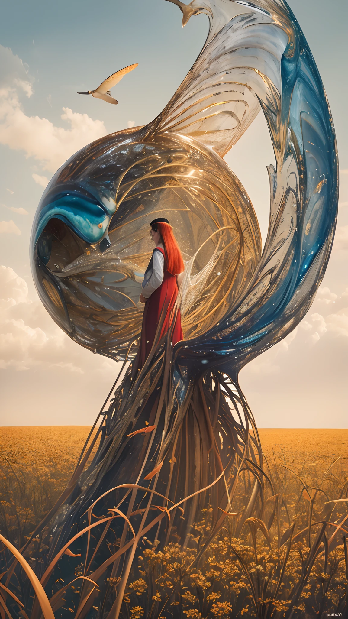 c4d,3D render,render,a woman standing in a field of fish, cgsociety 9, surreal portrait photography, adrian borda, by Christian W. Staudinger, 8k fine art photography, mind-bending digital art, stunning digital art, surrealistic digital artwork, surreal photography, beeple and james jean, photorealistic digital arts, exquisite digital illustration, stunning digital illustration