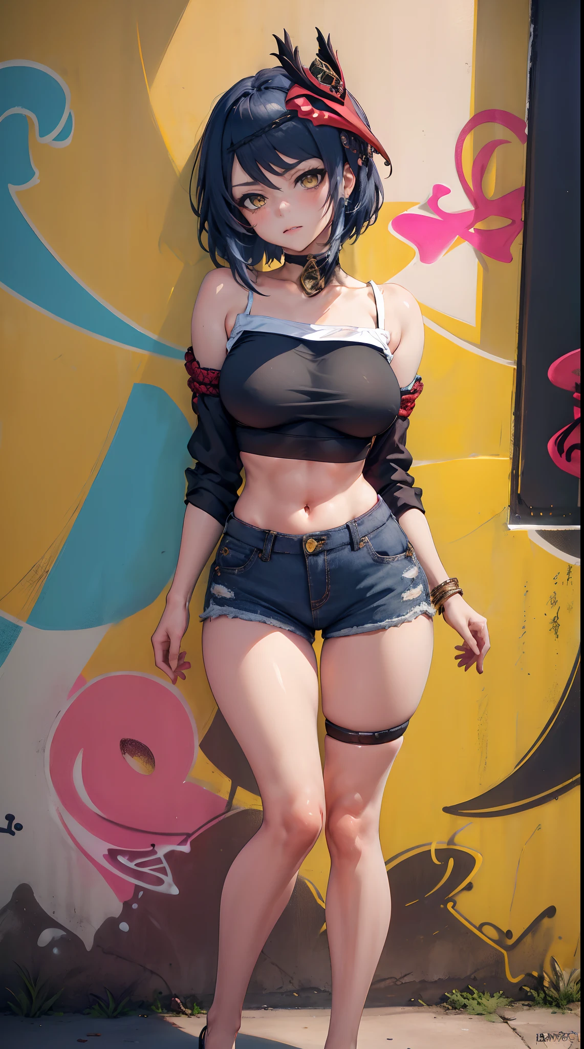 Kujou Sara Genshin Effect, masterpiece, bestquality, 1girls, mediuml breasts, bara, crop top, shorts jeans, choker, (Graffiti:1.5), color splashes, arm behind back, against wall, looking at the audience, bracelet, Thigh strap, Paint on the body.........................................., Head tilt, bored, multicolored hair, water eyes, headset,