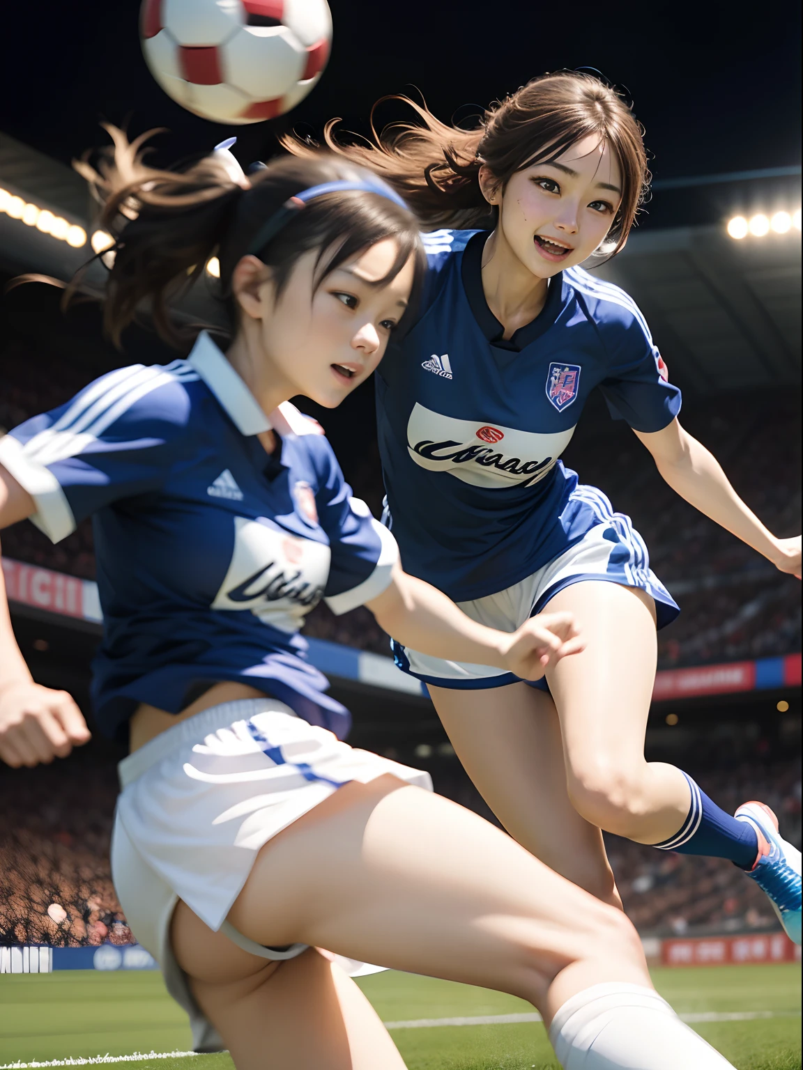 Beauty playing soccer、25-years old、Lesbian line(a smile、Gentle eyes)、Clear eyes、二重まぶた、Blue uniform of the Japan national team(Samurai Blue)、Nadeshiko、well-shaped breasts、Glamour(A slender)、bobhair(Hair bunched)、Soccer ball at your feet、Stand on the field、Lively driving、Kicking the ball(strongly)