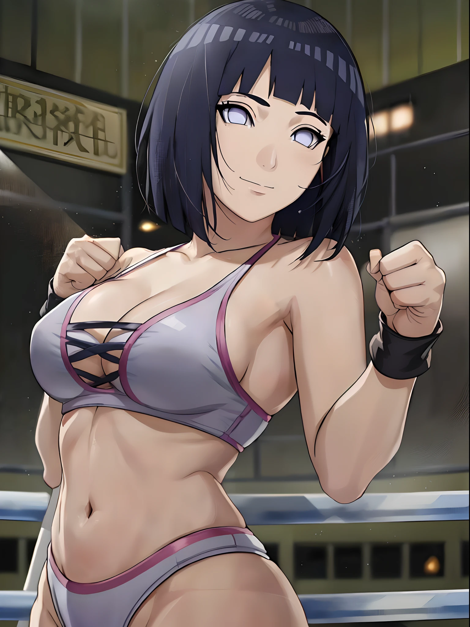 anime style, wrestling ground, (hinata\(boruto\), (female wrestler), (slender body), mature woman, milf, (bikini, pro wrestling gear) victorious, gorgeous, winner, kind face, smile, closed mouth, pale skin, shiny skin, (dark blue hair color:1.1), wavy hair, ((short hair, hime cut), big breasts, (only one arm stretching), long belly, closed fists, seductive, (perfect eyes, white sciera, bright eyes, white eyes, anime eyes, eyeshadow), groin