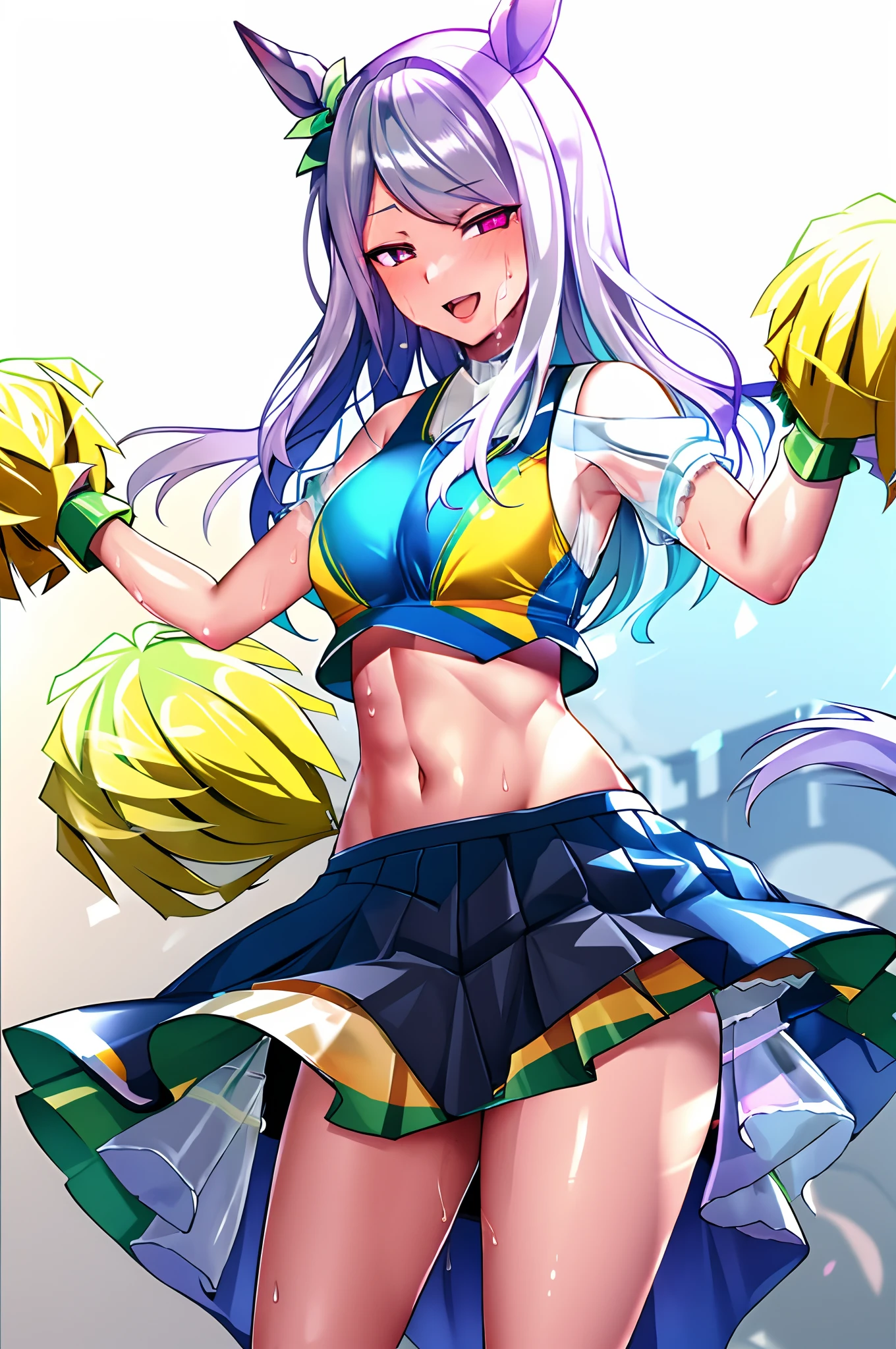 (masterpiece, best quality:1.2), 1girl, solo, Mejiro McQueen, Mejiro McQueen\(umamusume\), silver hair, long hair, horse ears, horse girl, long hair, angry, smile, open mouth, glowing eyes, corruption, (cheer leader:1.3), pleated skirt, crop top, looking at viewer, shiny glossy skin, naughty face, sweat, heavy breathing, glowing eyes, see-through,