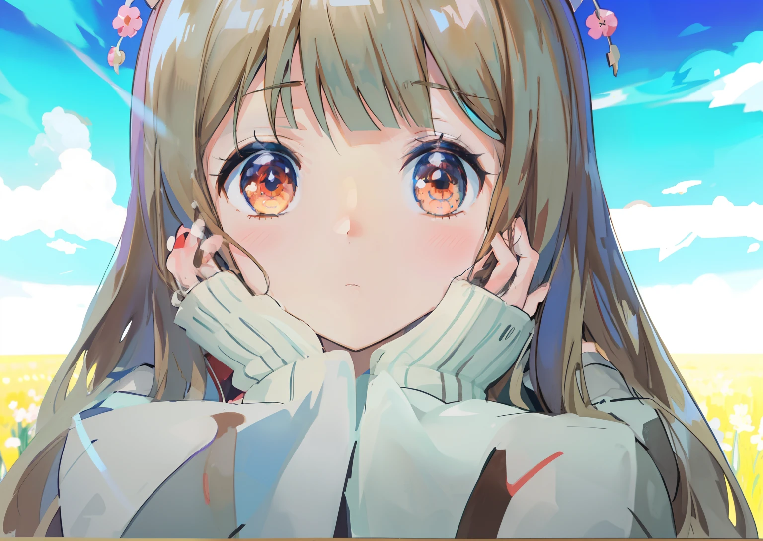 anime girl with long hair and brown eyes in a field, anime visual of a cute girl, stylized anime, anime moe artstyle, anime stylized, made with anime painter studio, smooth anime cg art, kantai collection style, close up iwakura lain, high quality anime artstyle, anime style. 8k, close up of a young anime girl