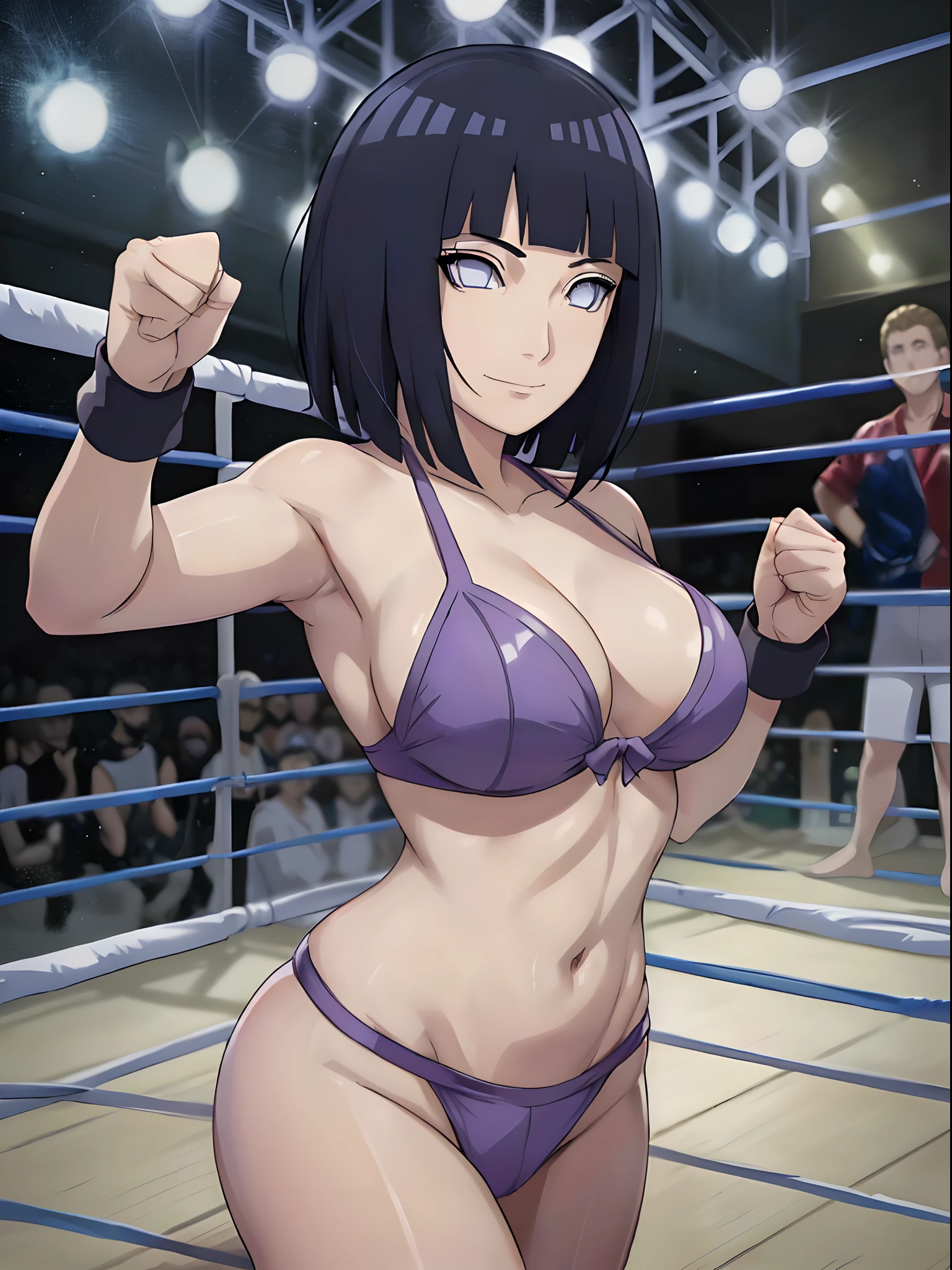 anime style, wrestling ground, (hinata\(boruto\), (female wrestler), (slender body), mature woman, milf, (bikini, pro wrestling gear) victorious, gorgeous, winner, kind face, smile, closed mouth, pale skin, shiny skin, (dark blue hair color:1.1), wavy hair, ((short hair, hime cut), big breasts, (only one arm stretching), long belly, closed fists, seductive, (perfect eyes, white sciera, bright eyes, white eyes, anime eyes, eyeshadow), groin