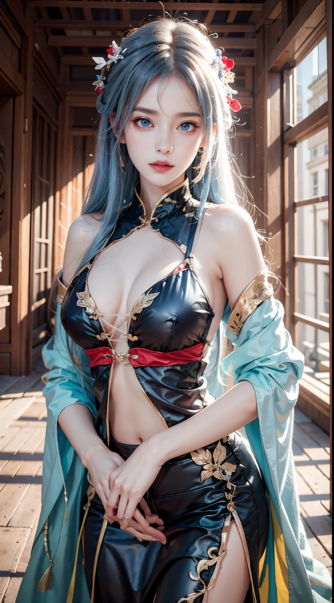photorealistic, high resolution, masterpiece, blue eyes, blue hair, photorealistic, high resolution, soft light,1women, hips up, solo, hanfu