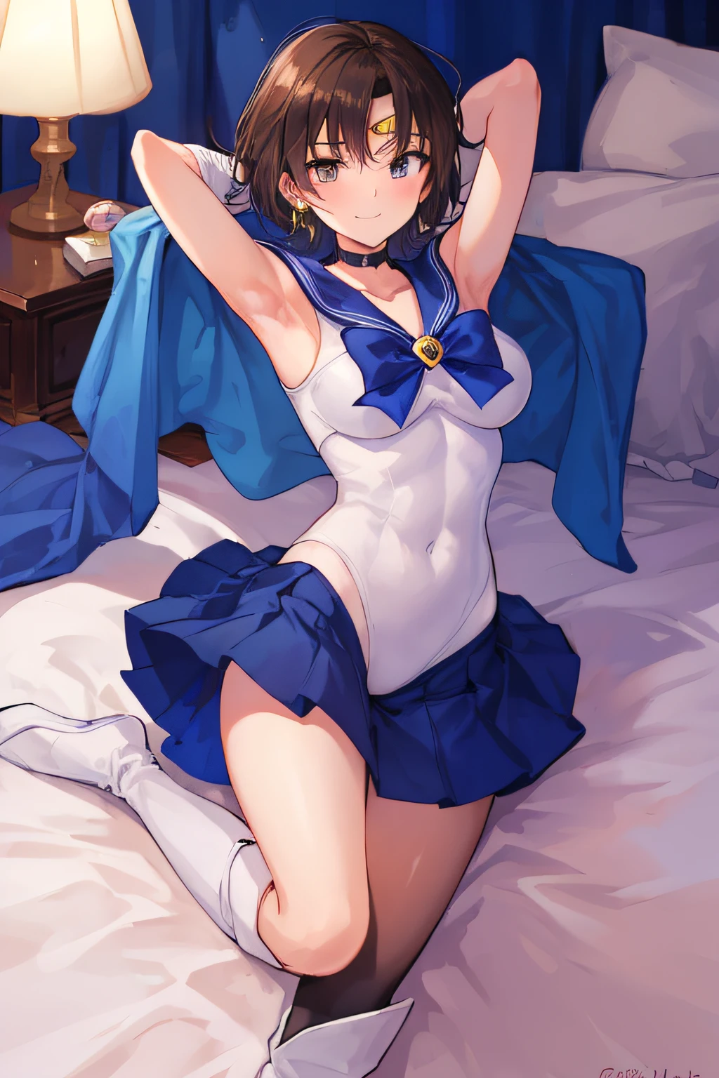 masterpiece, top-quality, hight resolution, 8K, Hi-Res, ultra-detailliert, 1girl in, (Anatomically correct), Full limbs, complete fingers, Slender 18 year old beautiful active girl, Brown-eyed, Slender eyes, A dark-haired, extra very short hair, (Black skin:1.2), (Sailor Moon: 1.3), (white leotard), (Blue sailor color), the bow, (Over-the-knee boots:1.1), a choker, (white glove), Blue choker, (elbowgloves), (a blue skirt), sole, (Lying in bed), A smile, High school students, Full body like, Bust 86, Waist 58, Hip 88, (full of sweat), (Put your hands behind your head, Show the armpits:1.28), (Tempered body, Toned body, Split abs:1.1), (Sexy Posing)