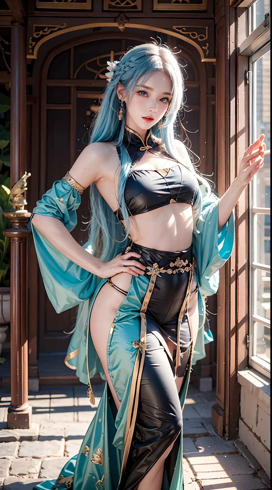 photorealistic, high resolution, masterpiece, blue eyes, blue hair, photorealistic, high resolution, soft light,1women, hips up, solo, hanfu