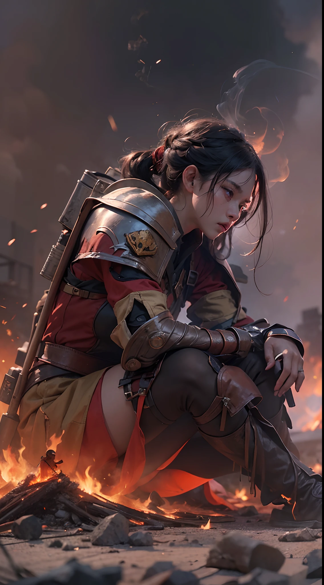 A female warrior sit on their knees along with the sadness on the face, war scene, fire smokes everywhere, dead bodies of warriors spread everywhere, smoke bombs, tears, red sad sky, hopeless, background blurred vision, cinematic art effects, 8K rendered by AMD FidelityFX Super Resolution 3