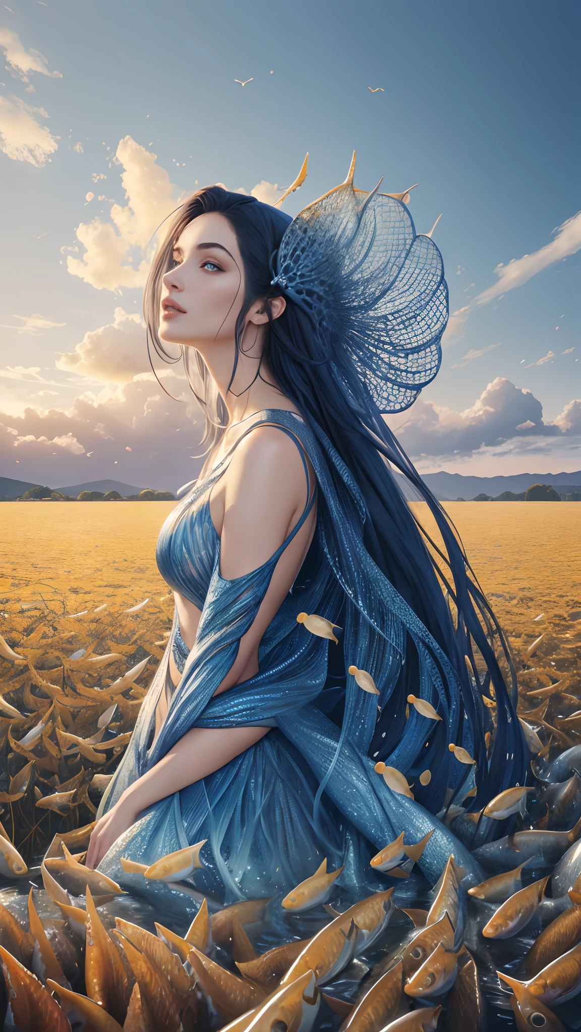 c4d,3D render,render,a woman standing in a field of fish, cgsociety 9, surreal portrait photography, adrian borda, by Christian W. Staudinger, 8k fine art photography, mind-bending digital art, stunning digital art, surrealistic digital artwork, surreal photography, beeple and james jean, photorealistic digital arts, exquisite digital illustration, stunning digital illustration