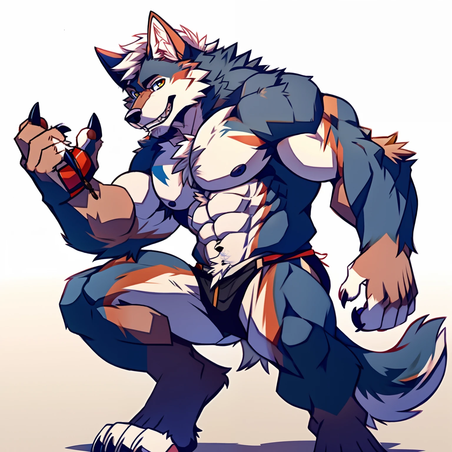 Human-wolf，musculature，Hairy all over，clawed paws，erect through