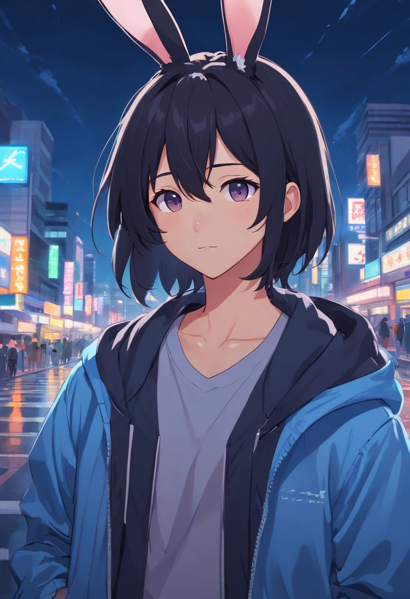 Anthropomorphic portrait of a Dodge lop-eared rabbit，masterpiece, hd, 8k, best quality, 1 teenage boy, black hair, front hair covering his eyes, rabbit man, black furry rabbit ears, wearing a dark blue jacket, at night