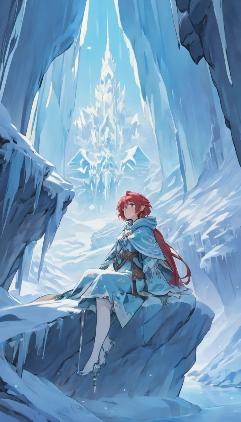 (A cold woman in an ice shooter costume sits on the edge of an ice cliff,Archer with ice bow:1.2),(Red hair: 1.5),(Blue fluffy hood,blue colored eyes,White hair,Delicate and beautiful face:1.3),Fine and perfect anatomy,dynamicposes,snowy day,Fantasyart,There is a white wolf next to him,Background of glaciers,Beneath your feet are ice cliffs,blanche_Blue gradient rendering,Highest image quality,Highest high resolution,high detal,Object shadows,Dynamic light sources,Cloudy days,Screen dim,tmasterpiece,offcial art,Whole body diagram,The white wolf lay beside the woman,Detail portrayal of hair,,moonriver,tianqingniu,flower,1 girl