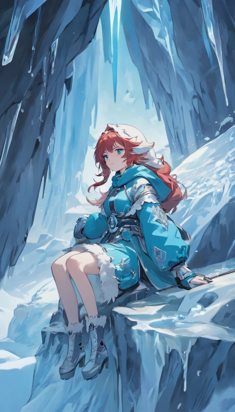 (A cold woman in an ice shooter costume sits on the edge of an ice cliff,Archer with ice bow:1.2),(Red hair: 1.5),(Blue fluffy hood,blue colored eyes,White hair,Delicate and beautiful face:1.3),Fine and perfect anatomy,dynamicposes,snowy day,Fantasyart,There is a white wolf next to him,Background of glaciers,Beneath your feet are ice cliffs,blanche_Blue gradient rendering,Highest image quality,Highest high resolution,high detal,Object shadows,Dynamic light sources,Cloudy days,Screen dim,tmasterpiece,offcial art,Whole body diagram,The white wolf lay beside the woman,Detail portrayal of hair,,moonriver,tianqingniu,flower,1 girl