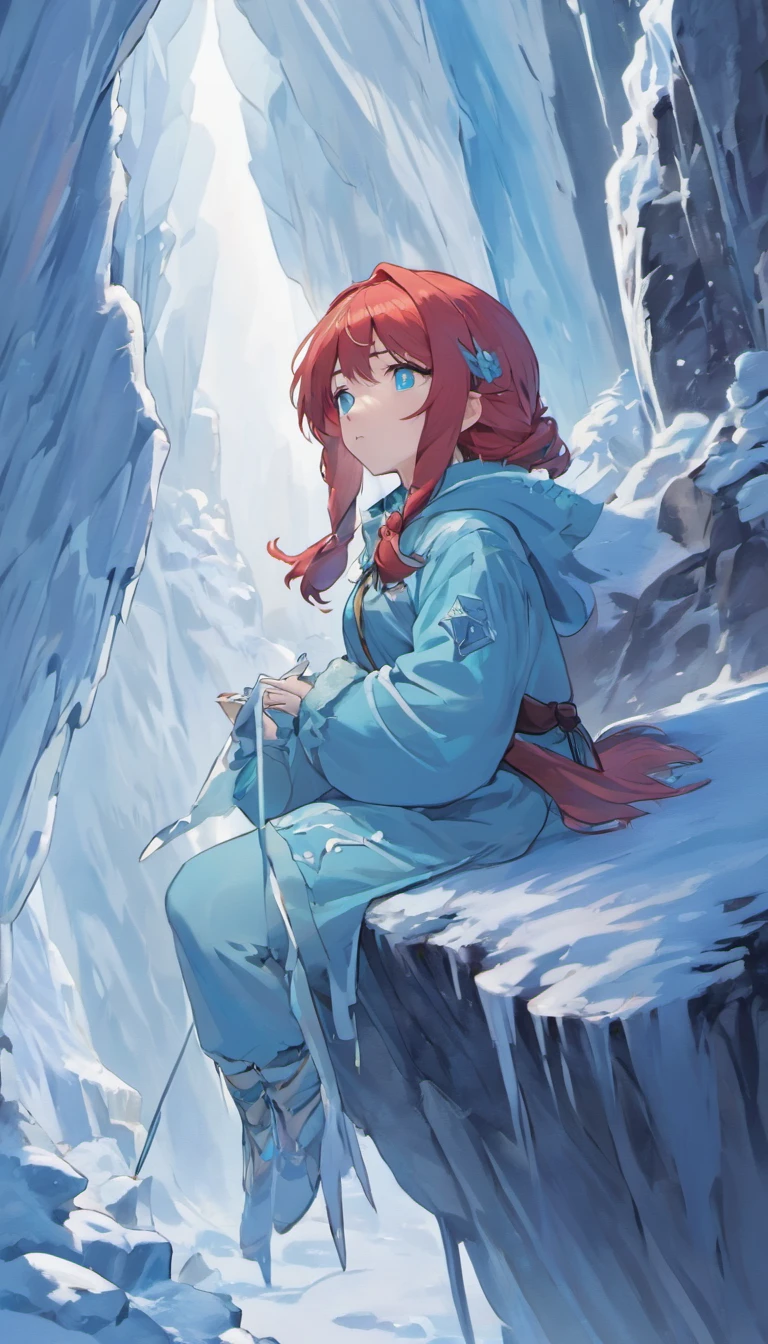 (A cold woman in an ice shooter costume sits on the edge of an ice cliff,Archer with ice bow:1.2),(Red hair: 1.5),(Blue fluffy hood,blue colored eyes,White hair,Delicate and beautiful face:1.3),Fine and perfect anatomy,dynamicposes,snowy day,Fantasyart,There is a white wolf next to him,Background of glaciers,Beneath your feet are ice cliffs,blanche_Blue gradient rendering,Highest image quality,Highest high resolution,high detal,Object shadows,Dynamic light sources,Cloudy days,Screen dim,tmasterpiece,offcial art,Whole body diagram,The white wolf lay beside the woman,Detail portrayal of hair,,moonriver,tianqingniu,flower,1 girl