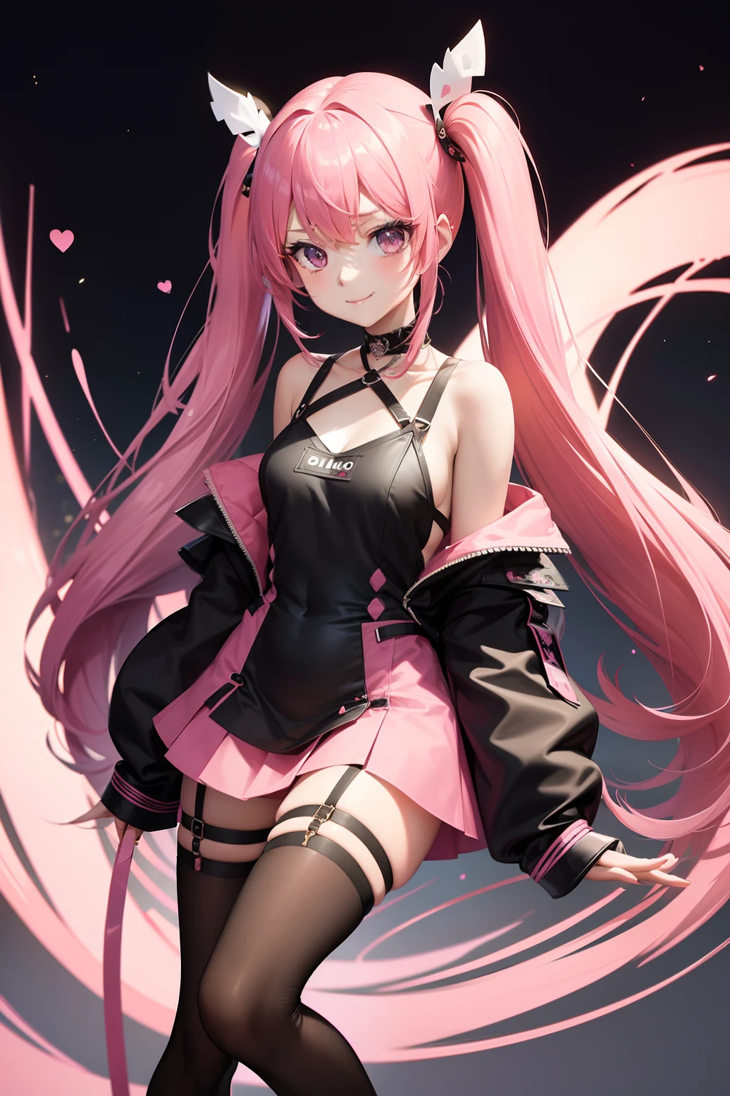 full body Esbian, masutepiece: 1.2, Highest Quality), (Live-action, elaborate details), (1 Lady, Solo, Upper body,) Clothing: Edgy, Black long jumper, pink miniskirt, long hair with pink twin tails,,,,,,,,,,,、Avant-garde, Experimental appearance: Long pink twin tail hair 、Heart-shaped choker、The location: bustling city、Solo, Nice smile、Value Creation in Mixed Media Art: individuality, authenticity, Creative expression
