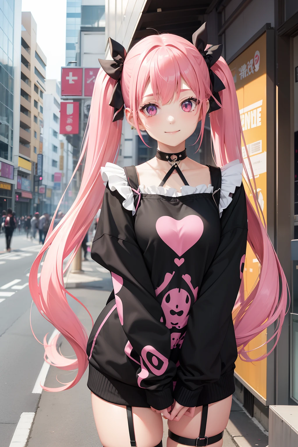 full body Esbian, masutepiece: 1.2, Highest Quality), (Live-action, elaborate details), (1 Lady, Solo, Upper body,) Clothing: Edgy, Black long jumper, pink miniskirt, long hair with pink twin tails,,,,,,,,,,,、Avant-garde, Experimental appearance: Long pink twin tail hair 、Heart-shaped choker、The location: bustling city、Solo, Nice smile、Value Creation in Mixed Media Art: individuality, authenticity, Creative expression