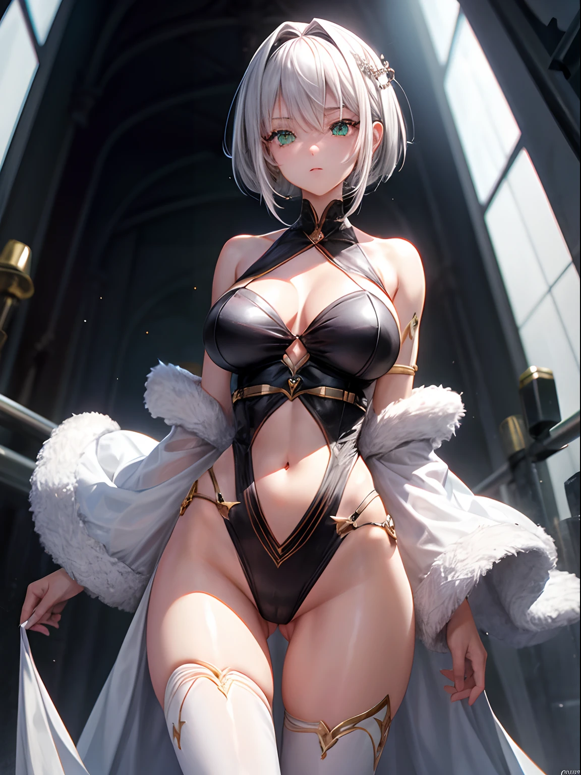 She is shown to have a fairly slender figure. She has short white-grey hair and large pale green eyes.