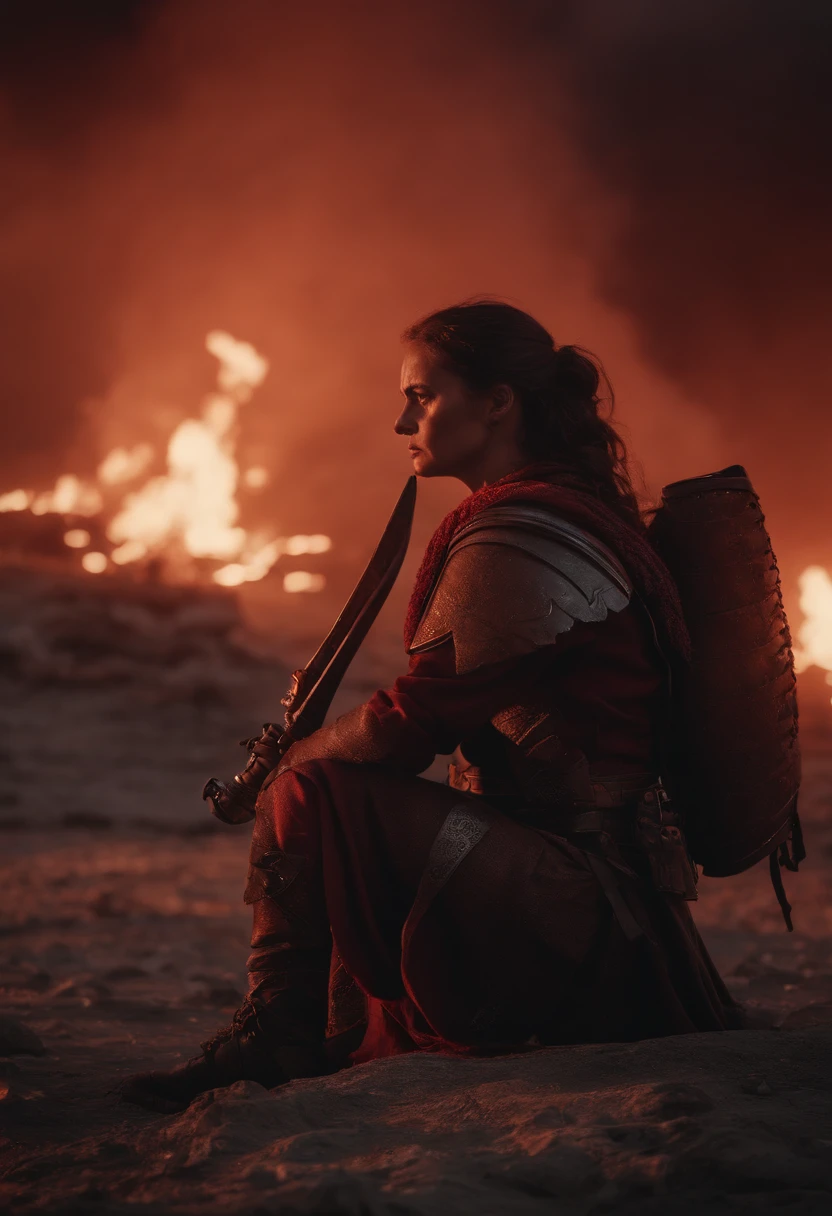 A female warrior sit on their knees along with the sadness on the face, war scene, fire smokes everywhere, dead bodies of warriors spread everywhere, smoke bombs, tears, red sad sky, background dark red, hopeless, cinematic art effects, 8K rendered by AMD FidelityFX Super Resolution 3.