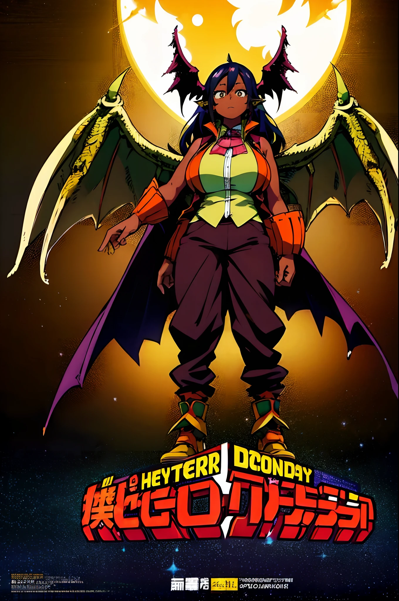 monster girl, dark skinned female, big breast, wings, happy,, coat vest, pants, full body, dragon wings, atomic alo,standing