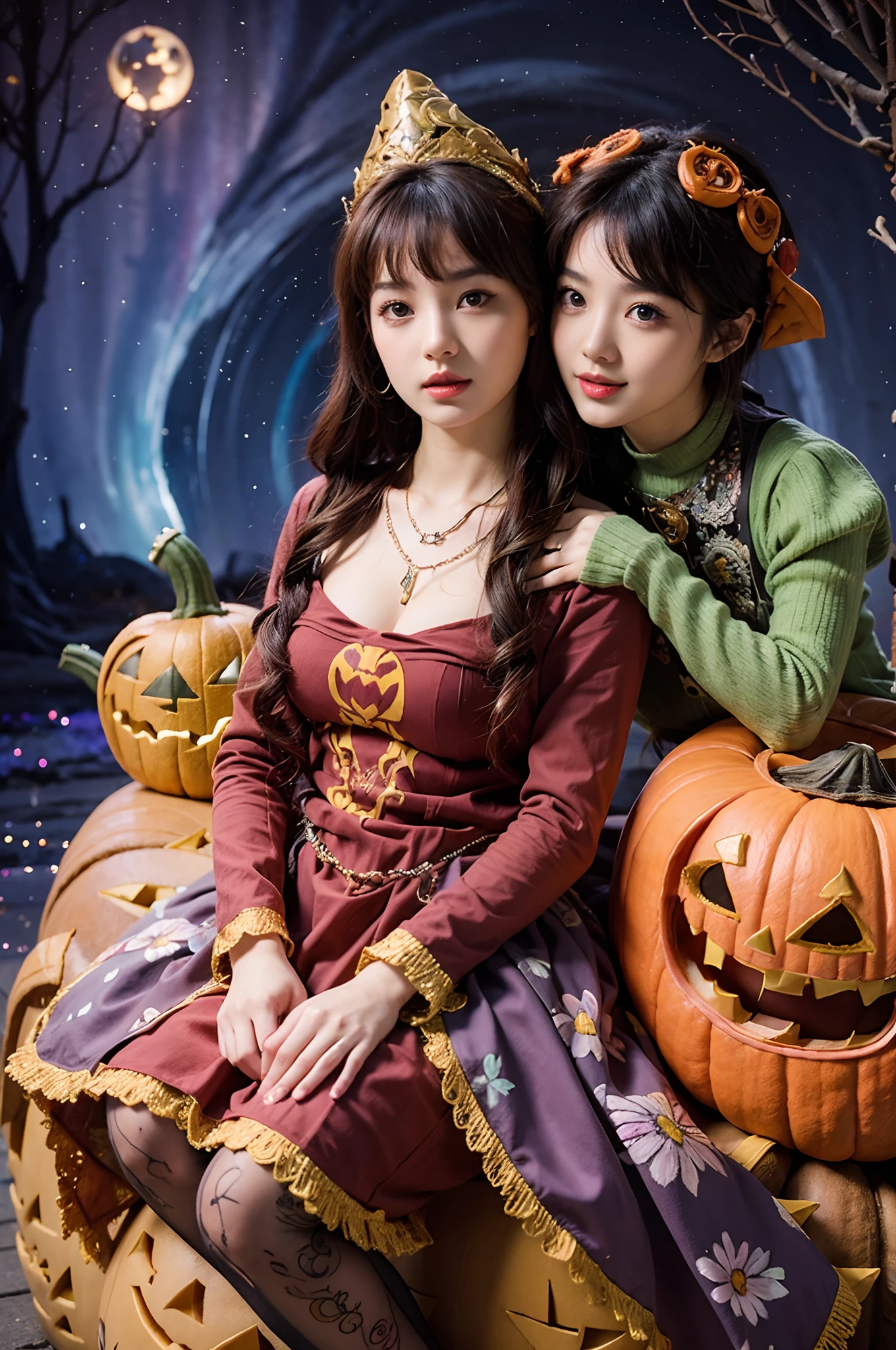 (ulzzang-6500-v1.3,pureeroface_v1,octane render),elegant pose,xxmix girl women,(Best quality,masterpiece:1.2),(alebrijes art style),
BREAK,
a  couple of lesbians sitting on a (giant pumpink:1.6),tutu dress,vivid color,
BREAK,
fantastical world,fantasy,((watercolor painting)),