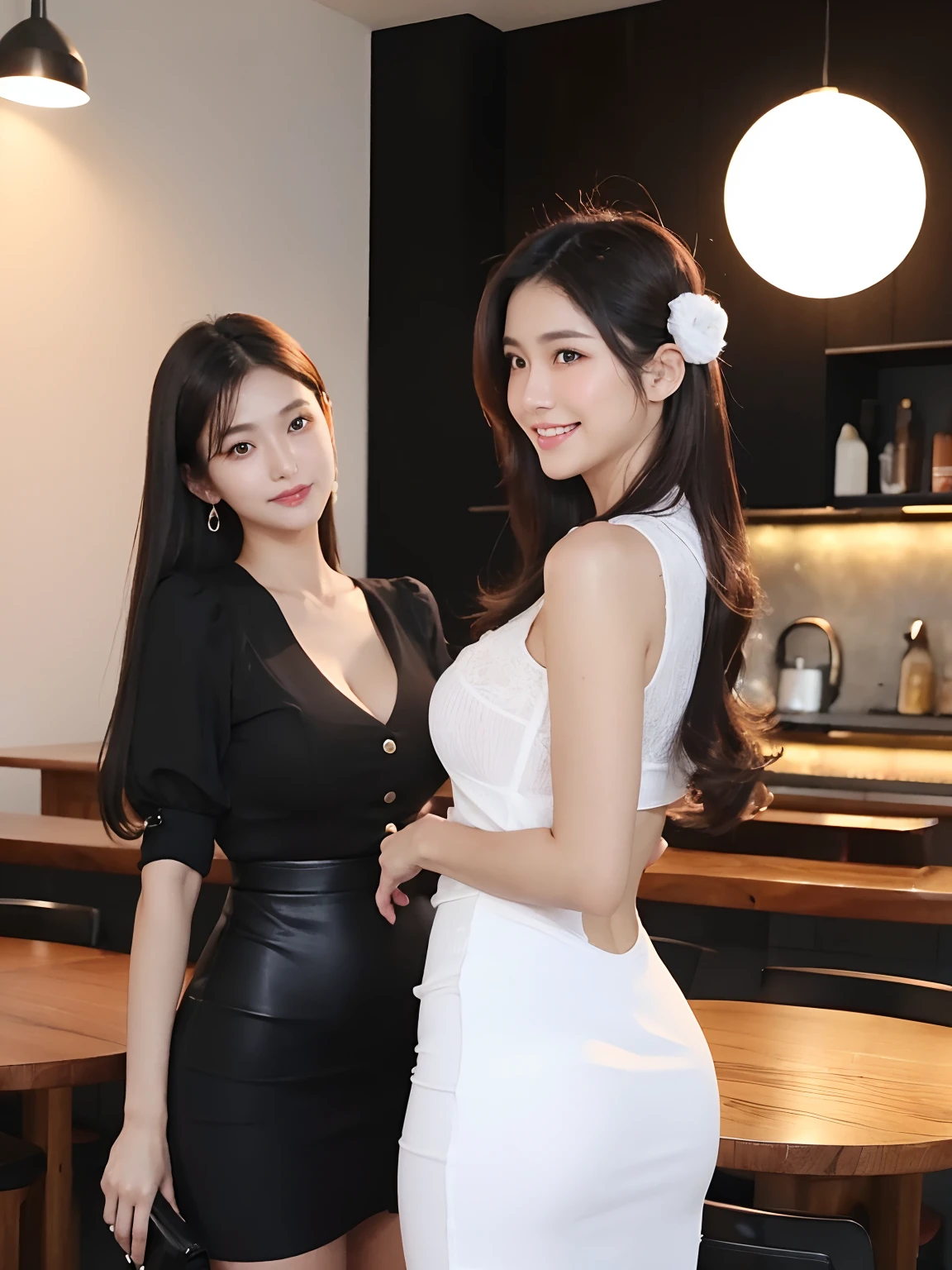 4k, cute and skinny Korean woman,18yo, (Black business tight skirt:1.5), ((white:1.5) small-triangle bra), ((all four:1.5)), concierge, smiling, innocent,at hotel lobby, many women in background, detailed face and eyes, natural arms, (((black:1.5))) tight mini skirt