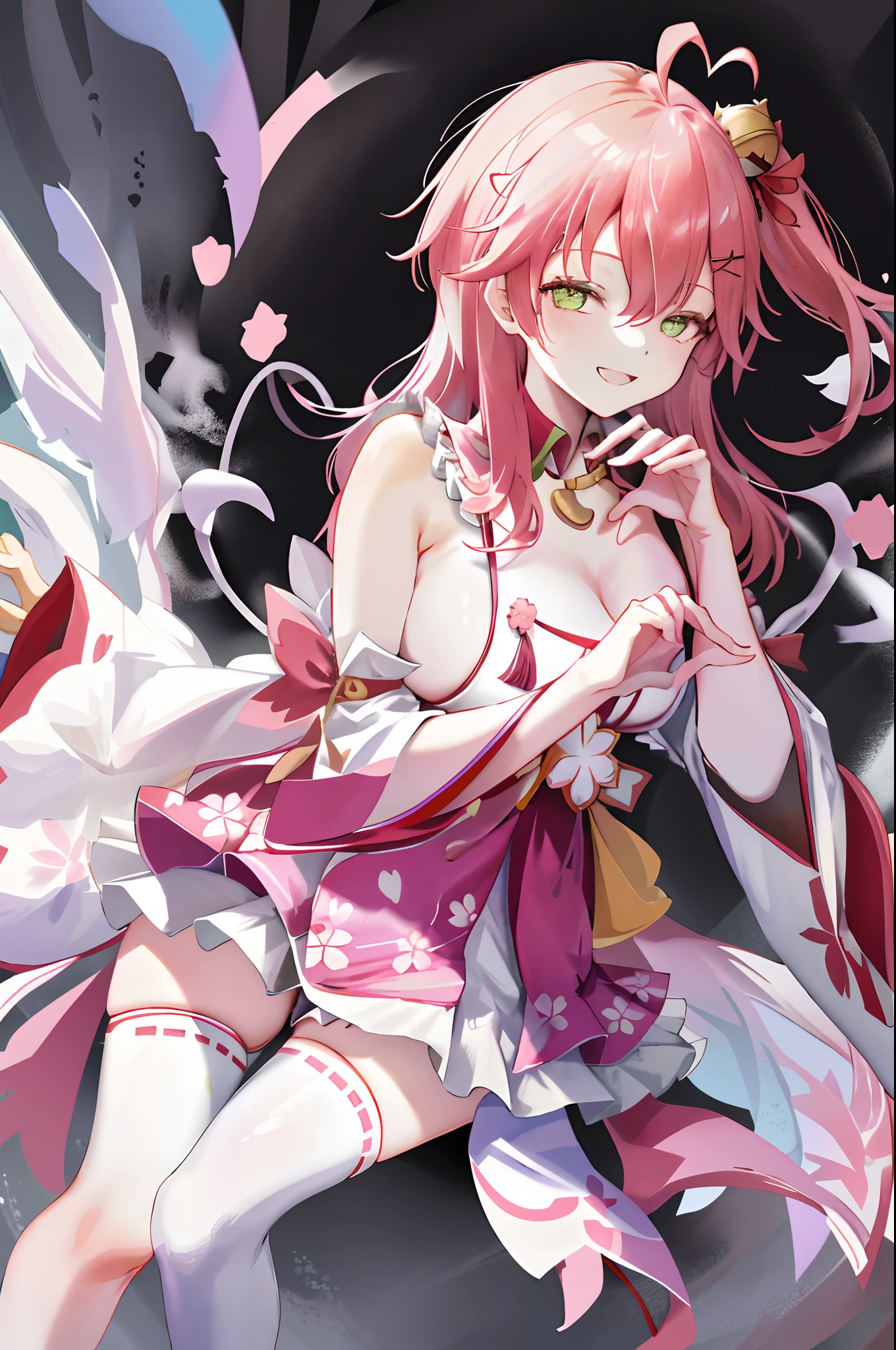 1girl in, solo, nakano nino, Pink hair, butterfly hair ornament, (barechested:1.3), (White apron),, cleavage of the breast, thighs thighs thighs thighs, Cafe background, (red blush:1.3), opening legs